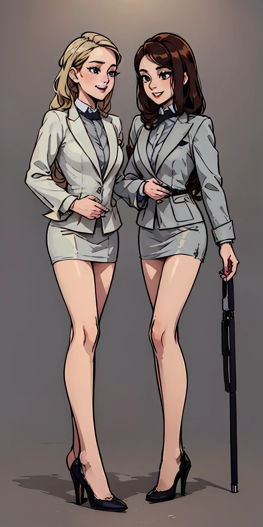 ((Masterpiece, highres)), 2girls, duo, twins, ((one brown haired girl, one blonde girl)), long hair, curly hair, matching hairstyles, different hair color, confident, elegant, proud smiles, (((matching outfits, identical outfits, employee uniforms, grey skirt suits, sexy skirt suits, grey blazers, grey knee length skirts, black high heels, strapless high heels)))