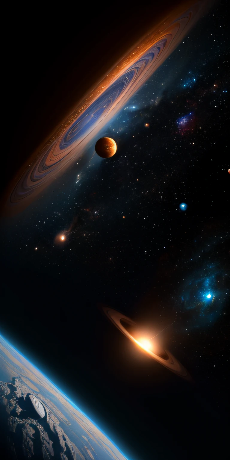 ((master)), ((best quality)), ultra-detailed CG unity 8k wallpaper, incredibly delicate and beautiful illustration, floating, high resolution, dynamic, ((1girl)), brown eyes, brown hair, astronaut suit, dark black background, stellar space, large white luminescent stars, a huge black hole in the background, colorful planets floating in a cosmic maelstrom.