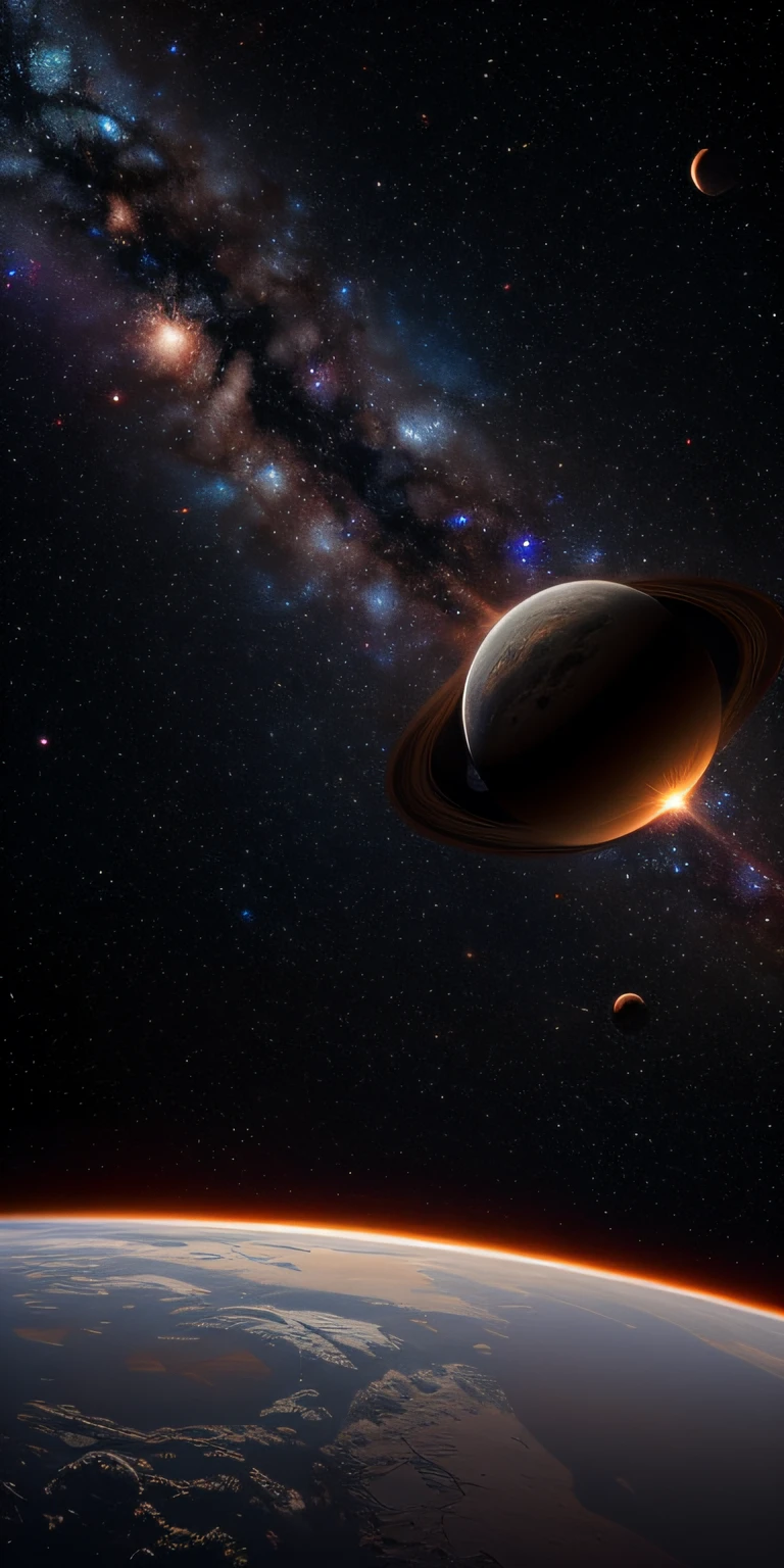 ((master)), ((best quality)), ultra-detailed CG unity 8k wallpaper, incredibly delicate and beautiful illustration, floating, high resolution, dynamic, ((1girl)), brown eyes, brown hair, astronaut suit, dark black background, stellar space, large white luminescent stars, a huge black hole in the background, colorful planets floating in a cosmic maelstrom.