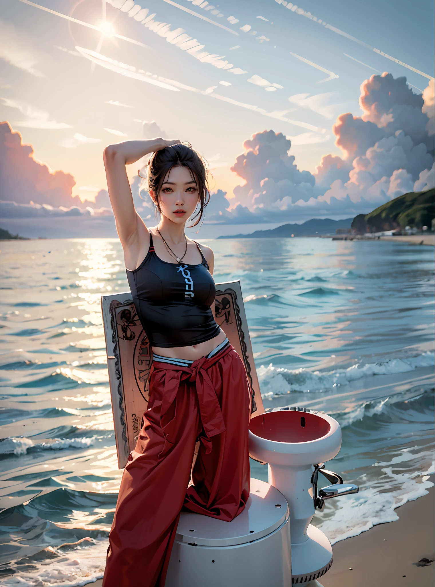 On the sandy beach，in a bathing suit，Behind is the sea