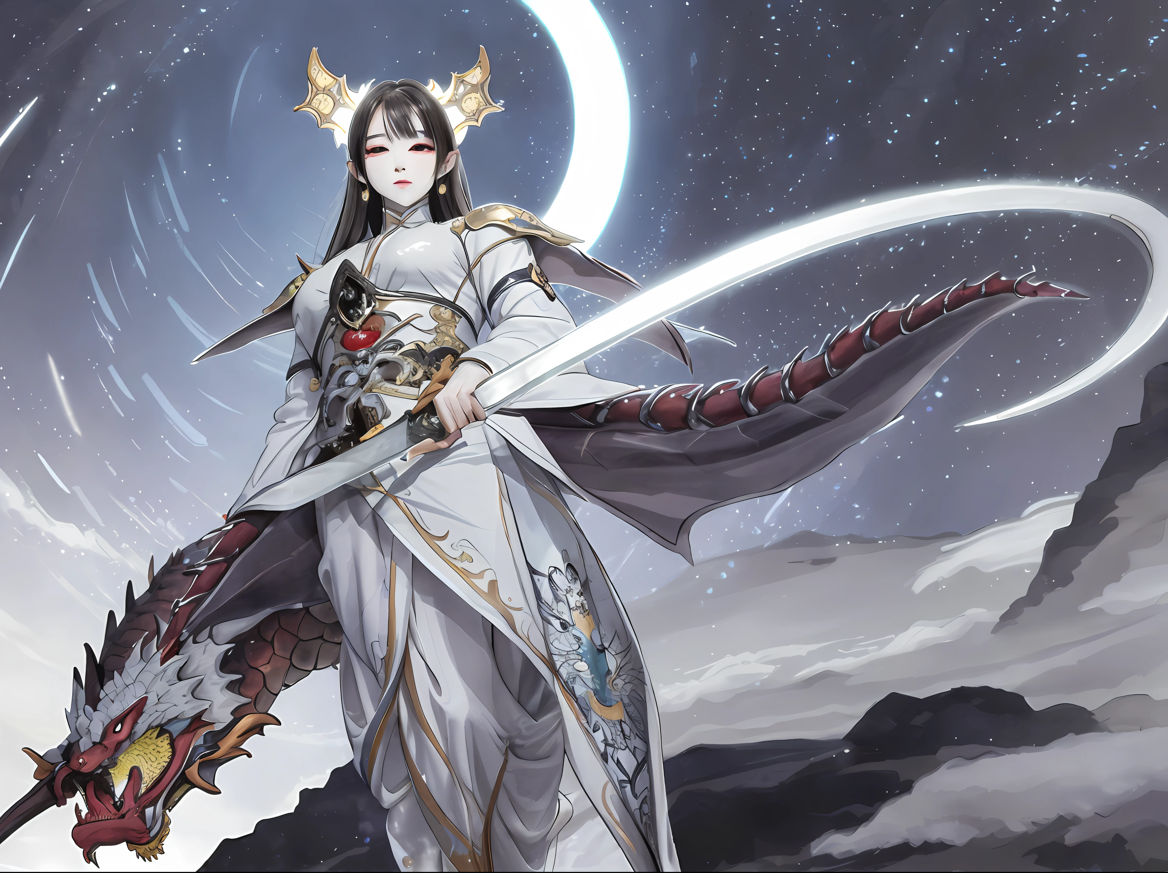 A dragon girl holding a long sword and wearing a white cheongsam。A halo of light behind him，Step above the valley。