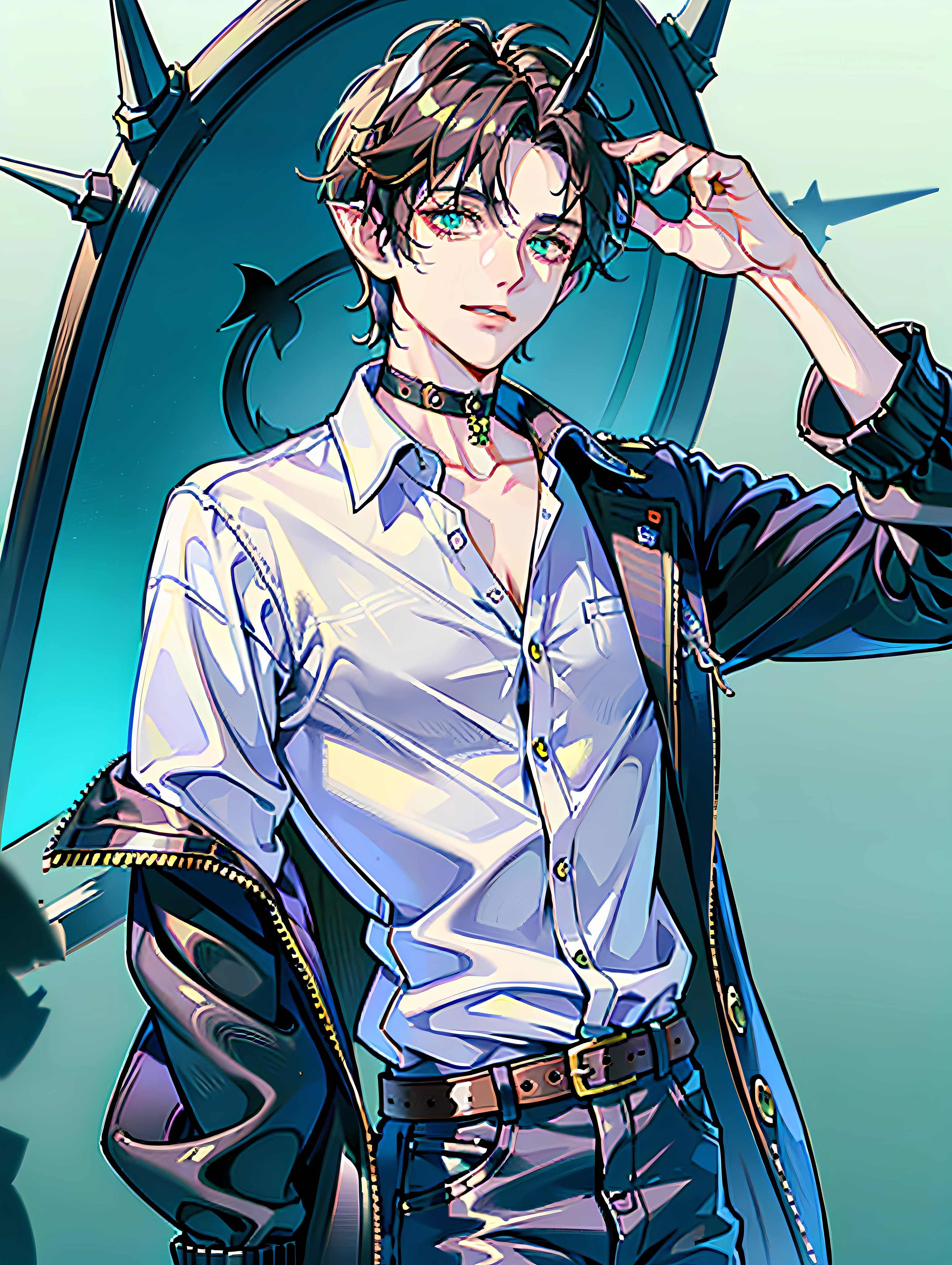 masterpiece, best quality, grape hills background:1.3, 1boy:1.3, black wool coat, red shirt, silver chain on neck, green eyes, light blue hair:1.3, short hair, cinematic shadows, cinematic lighting, luminous eyes:1.2, cute boy:1.3, grey ashes:1.3, red sun background, wavy hair:1.3, fluffy hair, boy looking up, birds in sky, comet in sky:1.2