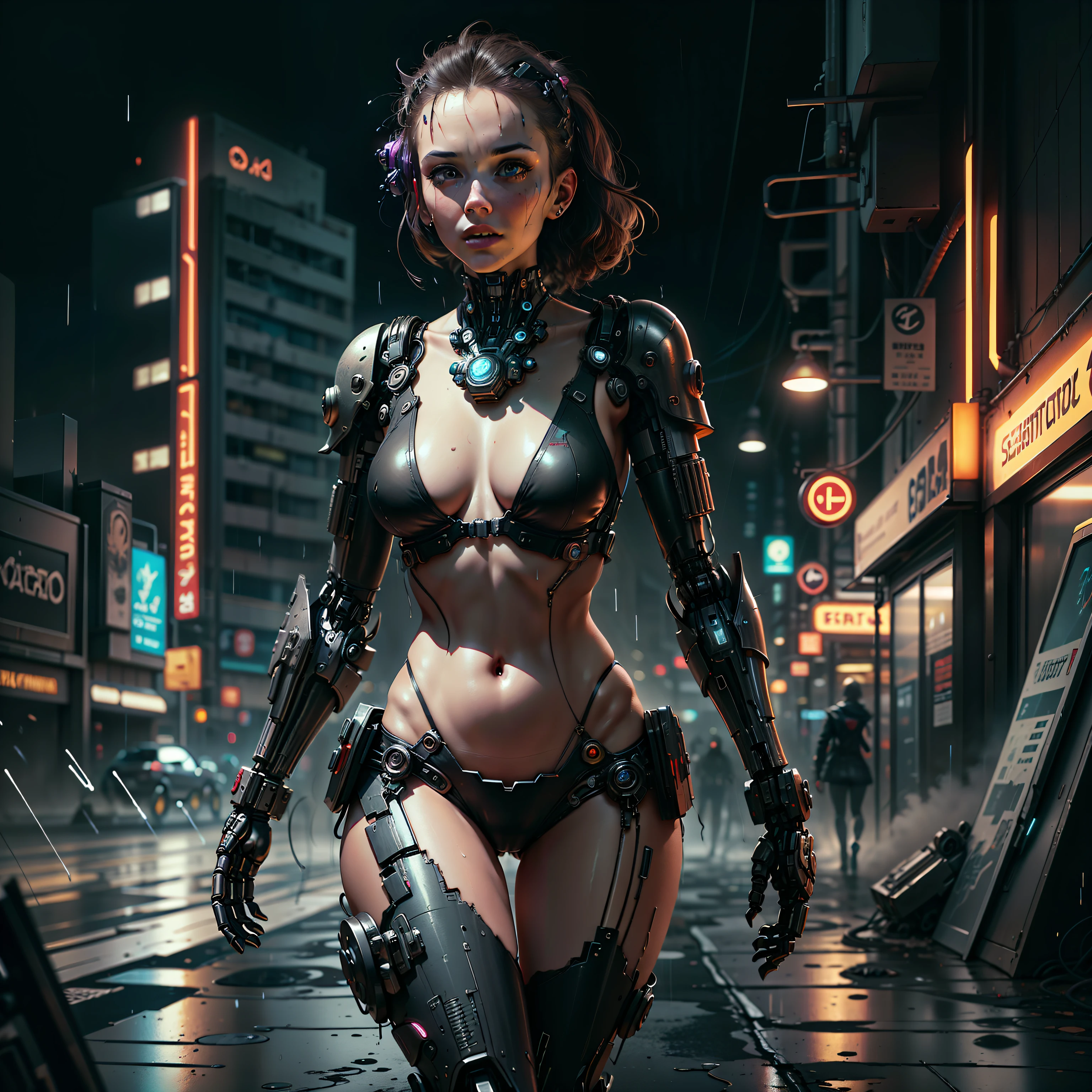 Girl wearing cyberpunk mech,perfect bodies,Bare chest,Walk away,raining day,Rain drips on the body,Electro-optical,salama,full bodyesbian --auto