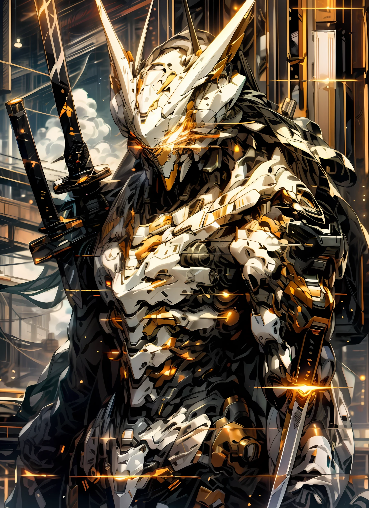 space,clouds,Holding_arma,No_Humanity,with light glowing,Gray robot,buliding,Glowing_Eyes,Mecha,scientific fiction,城市,Realistis,Mecha,metallic reflective,Laser sword,metallic luster,Angular,flame of war,Space war