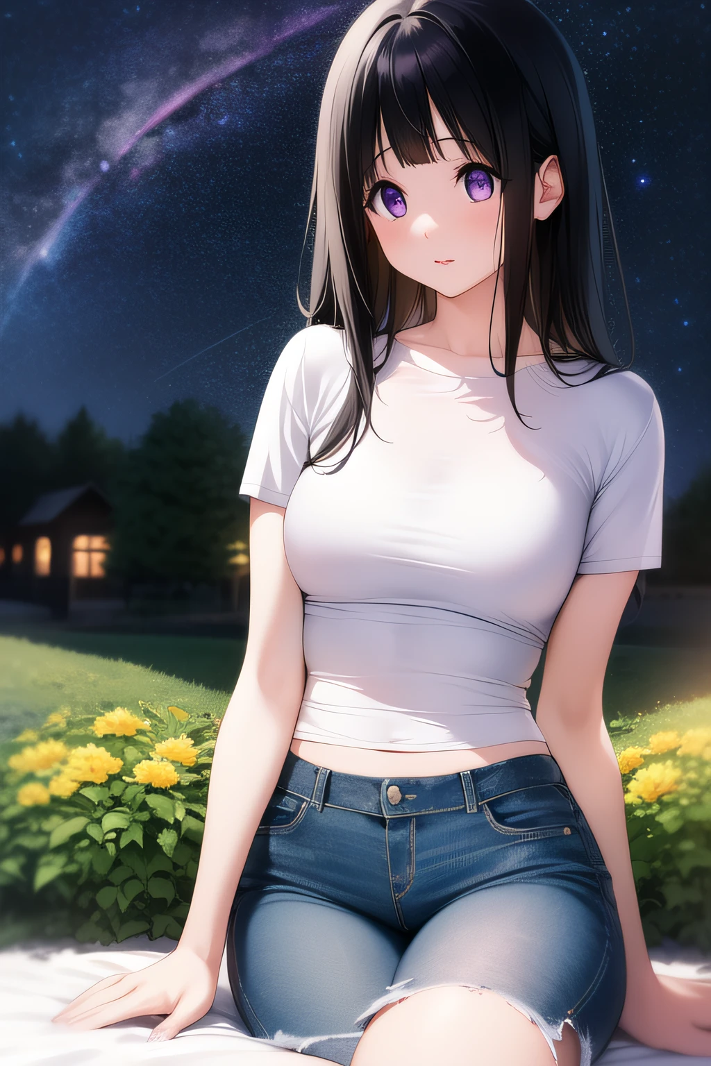 (A superb exquisite Chitanda Eru), (full body), purple eyes, black hair, natural straight hair, straight bangs, solo, ((starry night)), (shorts jeans), (trasparente shirt), bra, (mantion garden), (party), extremely delicate, straight facial features, peerless beautiful girl, soft, (sensual face), dreamy quality, exaggerated facial features, solid color, frank holly, delicate face, bright lips, slender waist, soft curves, real light and shadow, super fine, 4k, natural moving, Ultra high resolution, (masterpiece:1.2, best quality), (finely detailed beautiful eyes: 1.2), (beautiful detailed face)