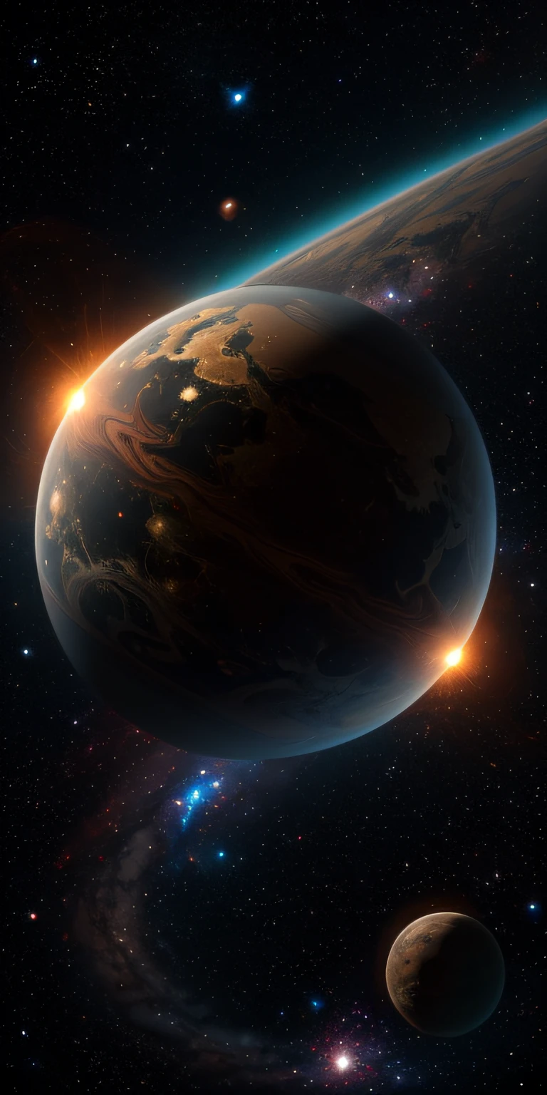 ((master)), ((best quality)), ultra-detailed CG unity 8k wallpaper, incredibly delicate and beautiful illustration, floating, high resolution, dynamic, ((1girl)), brown eyes, brown hair, astronaut suit, dark black background, stellar space, large white luminescent stars, a huge black hole in the background, colorful planets floating in a cosmic maelstrom.