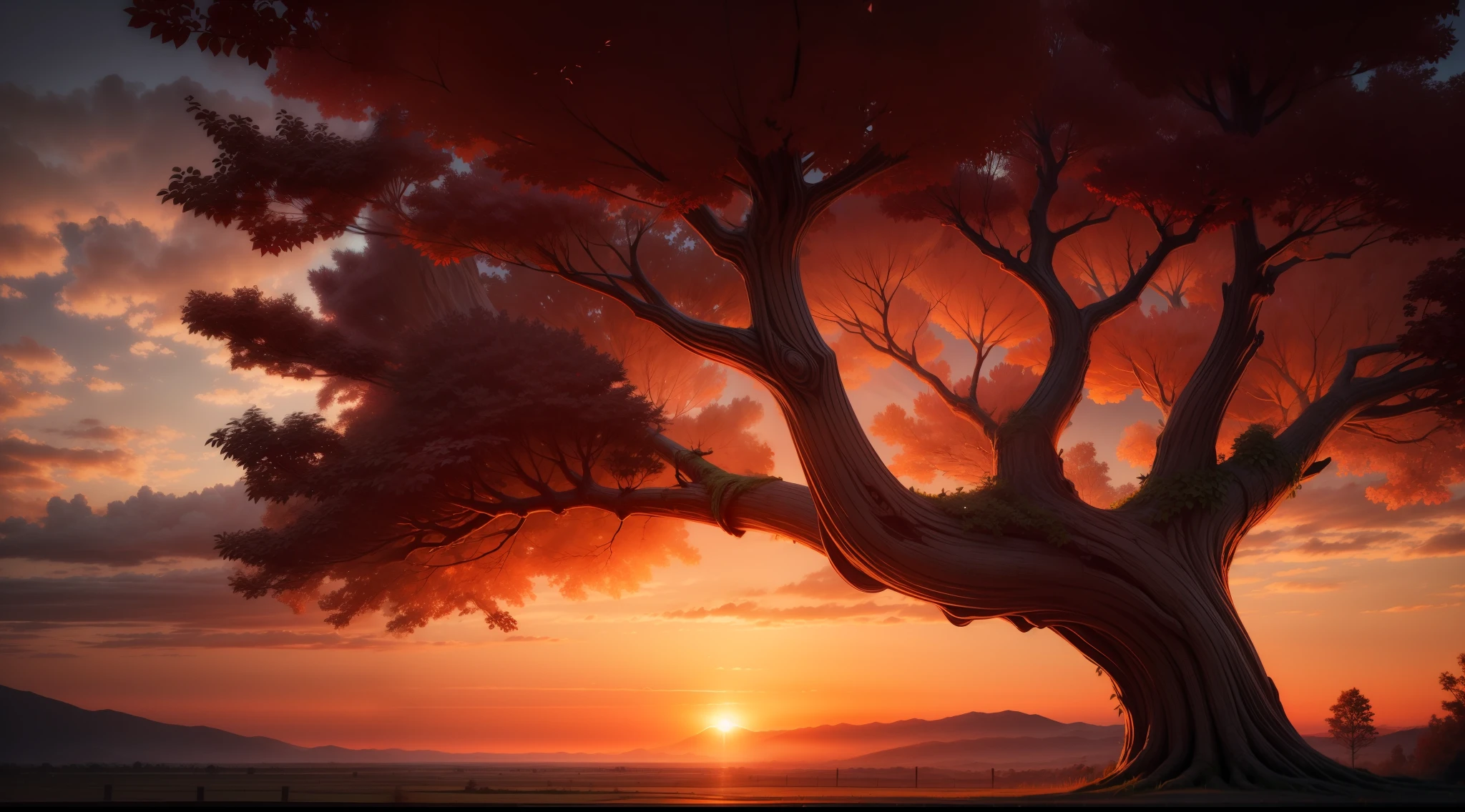 leafy tree in beautiful and epic sunset scene, Photography movie cinematic