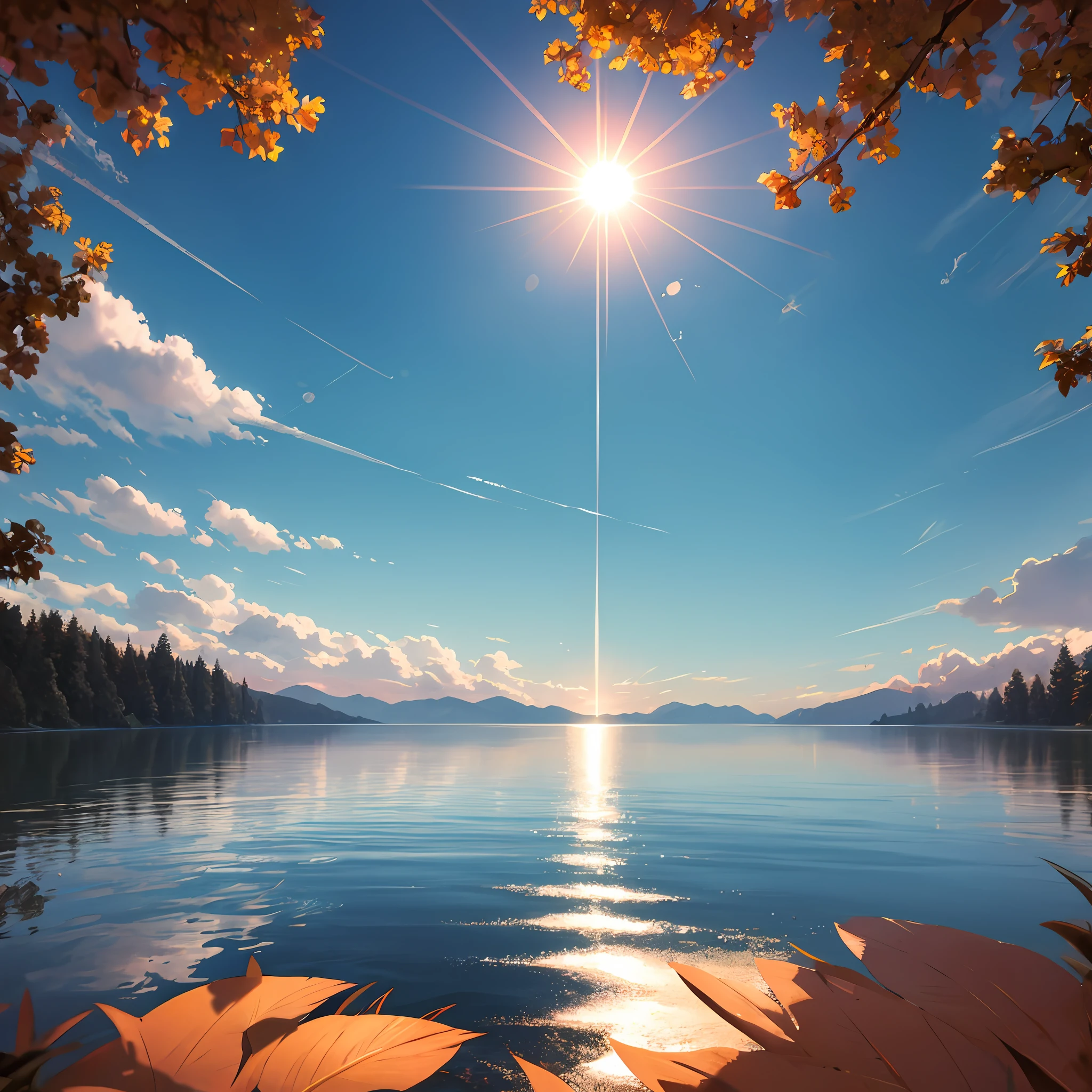 masterpiece, best quality, aesthetic, highres RAW photo, landscape photography, wide shot, from below, scenery, sunrise, blue sky, clouds, lake, reflection, sun, trees, floating leaves, ripples, foreground interest, depth of field, cinematic lighting, asymmetric composition, professional shadows, sharp focus, lens flare