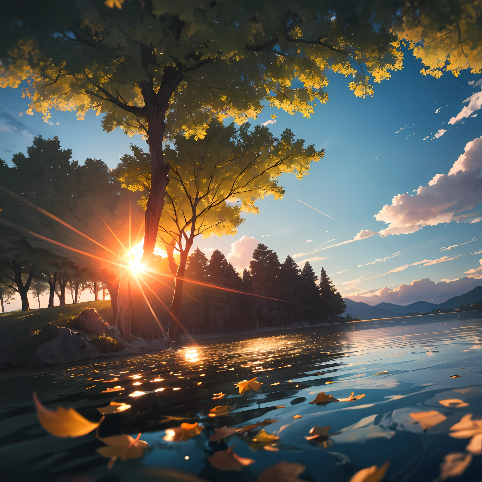 masterpiece, best quality, aesthetic, highres RAW photo, landscape photography, wide shot, from below, scenery, sunrise, blue sky, clouds, lake, reflection, sun, trees, floating leaves, ripples, foreground interest, depth of field, cinematic lighting, asymmetric composition, professional shadows, sharp focus, lens flare