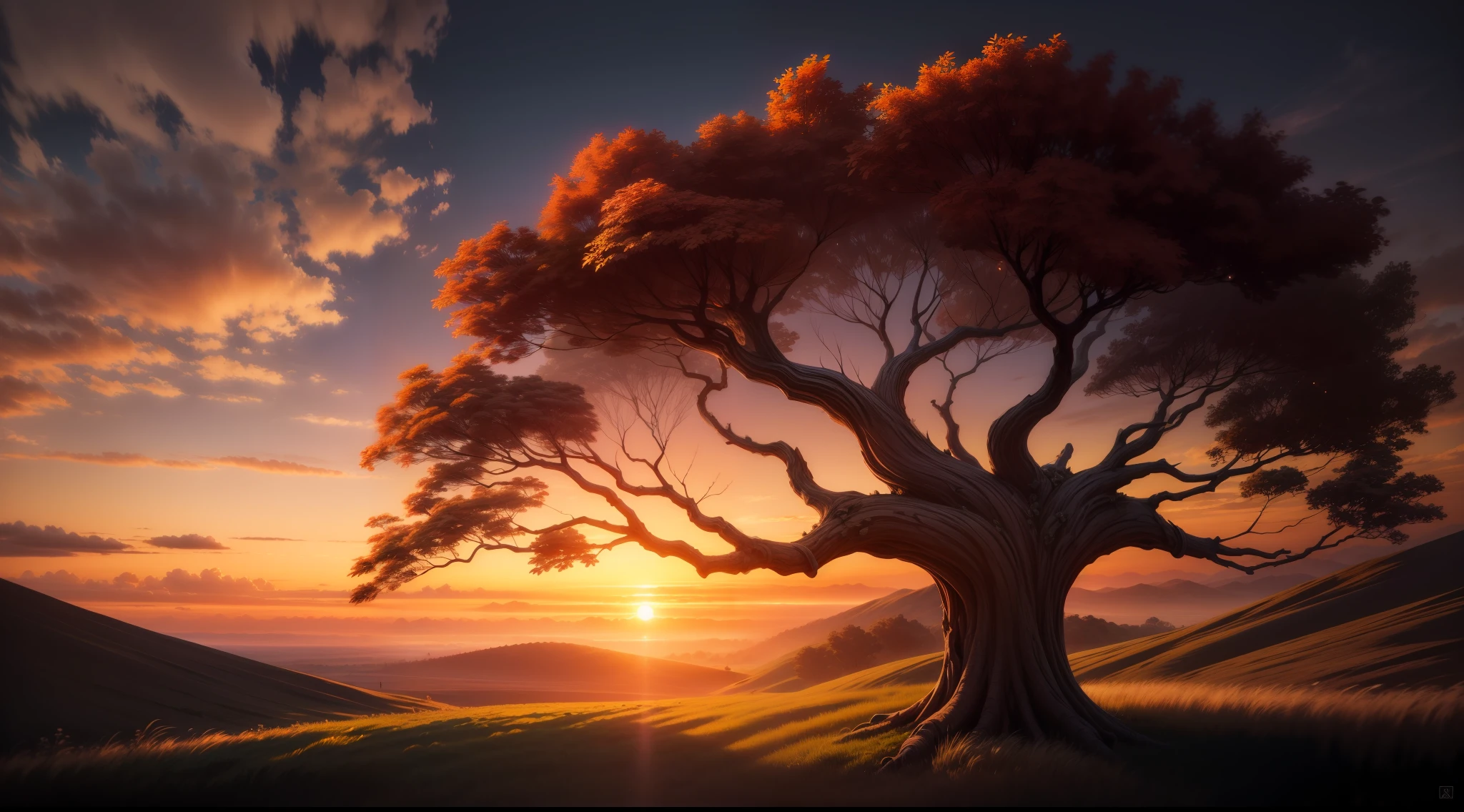 leafy tree in beautiful and epic sunset scene, Photography movie cinematic
