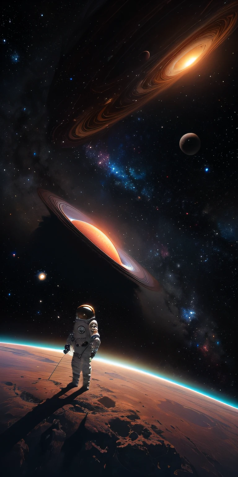 ((master)), ((best quality)), ultra-detailed CG unity 8k wallpaper, incredibly delicate and beautiful illustration, floating, high resolution, dynamic, ((1girl)), brown eyes, brown hair, astronaut suit, dark black background, stellar space, large white luminescent stars, a huge black hole in the background, colorful planets floating in a cosmic maelstrom.