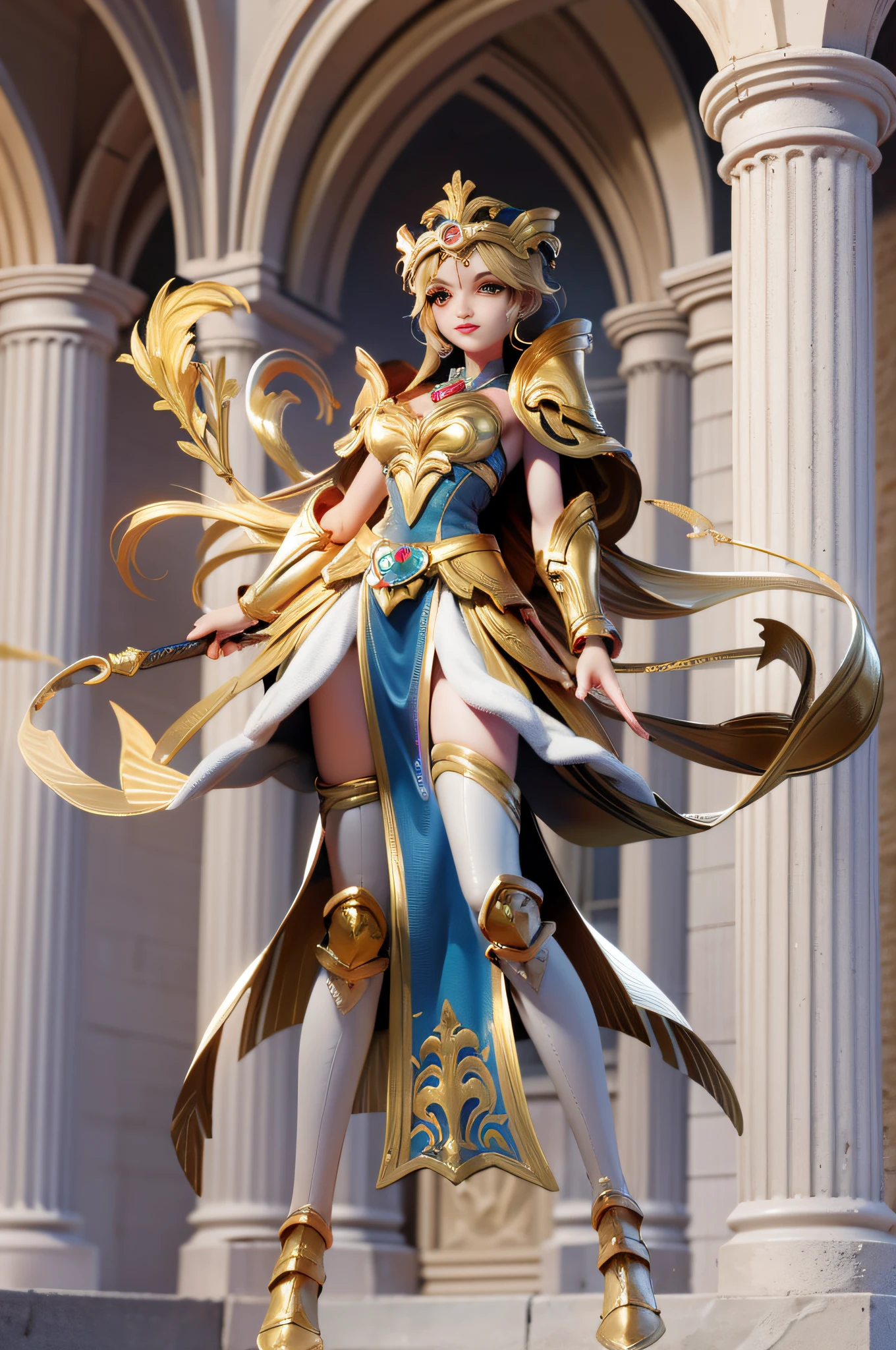 full body picture Unreal Engine 5 8K UHD a woman in golden armor holding a sword and standing in front of a column, golden goddess athena, blonde goddess, angelic golden armor, golden armor, light golden armor, golden goddess , goddess venus athena, stunning goddess giant shot, elegant gold armor , gold armor, roman goddess, extremely detailed goddess, gold armor, greek goddess athena, bright heaven environment, best quality, masterpiece