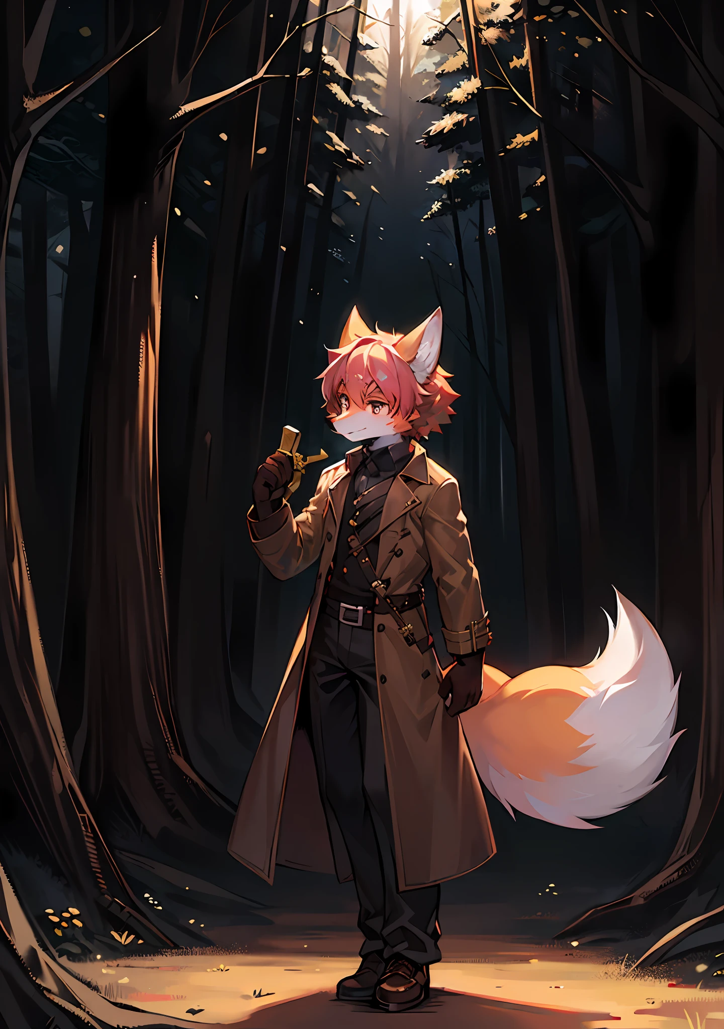 ln the forest，children's，Beast too，red fox，Dorsal arch，Hold an iron sword in your right hand，Wear a brown trench coat，large tail，adolable，soio，There are moire patterns on the head，Short