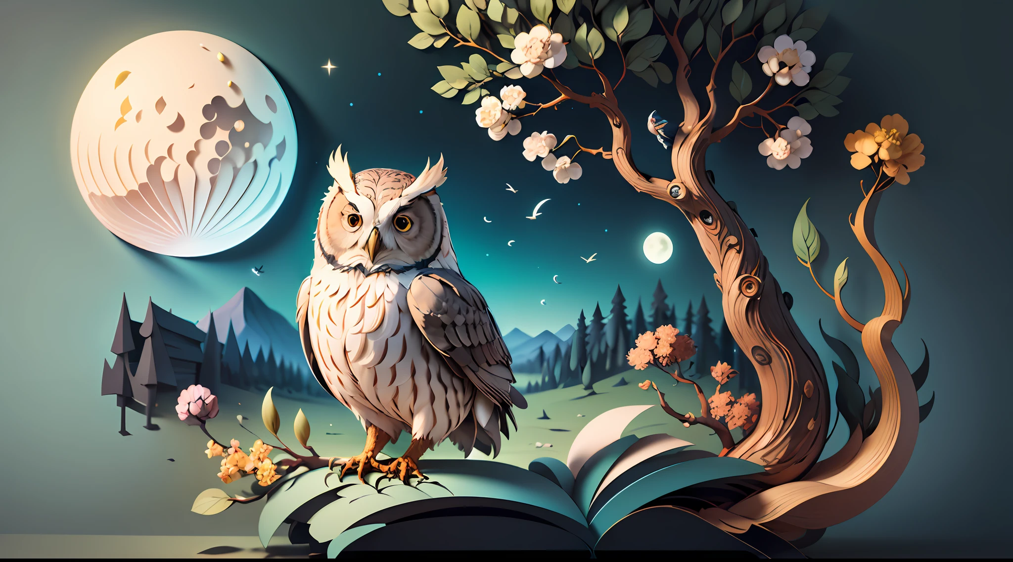 (((masterpiece))),bestquality,illustration,beautifuldetailedglow,
paper_cut, owl, tree,moon,