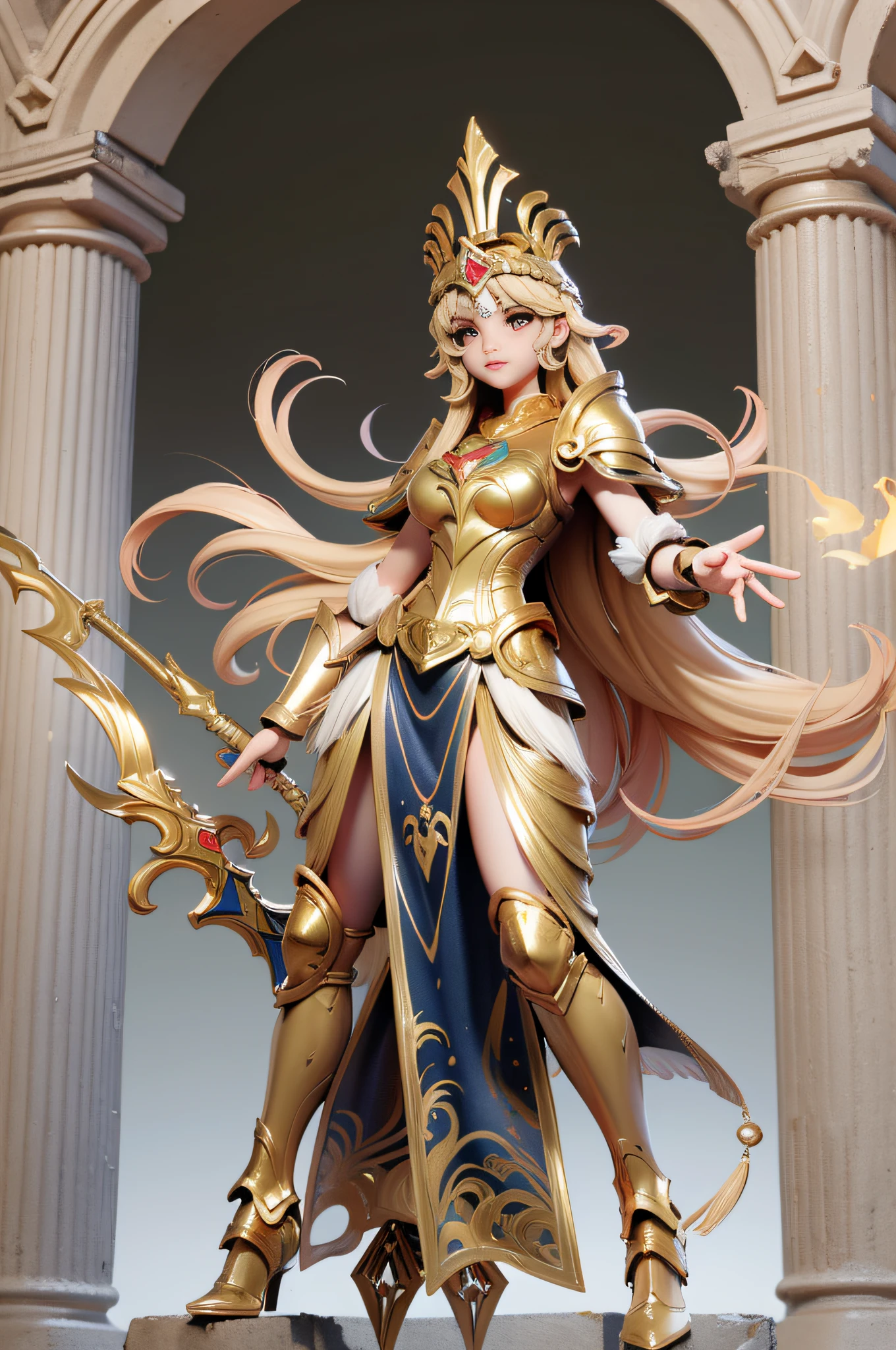 full body picture Unreal Engine 5 8K UHD a woman in golden armor holding a sword and standing in front of a column, golden goddess athena, blonde goddess, angelic golden armor, golden armor, light golden armor, golden goddess , goddess venus athena, stunning goddess giant shot, elegant gold armor , gold armor, roman goddess, extremely detailed goddess, gold armor, greek goddess athena, bright heaven environment, best quality, masterpiece