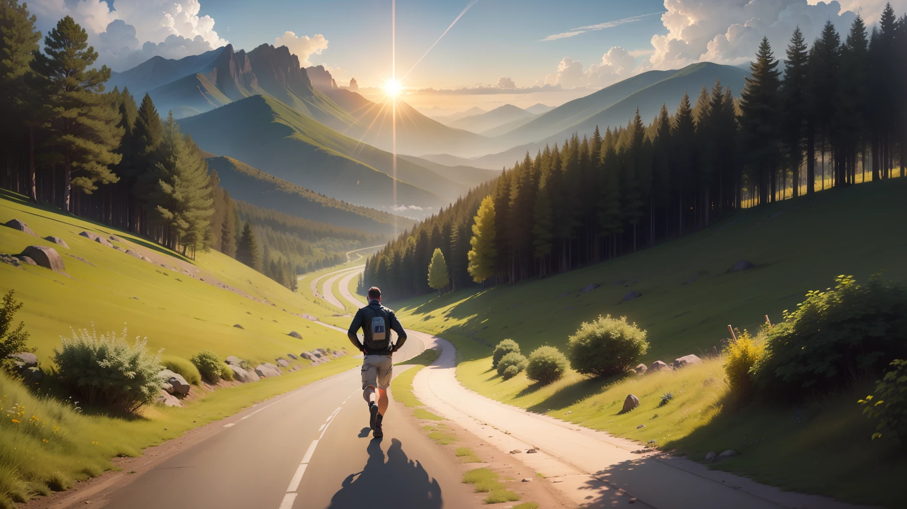 man, landscape, nature, mountains, paths, path, path to heavens, palm trees, alone, alone, straight path, natural view, divine, clouds, cloud, heavens, sky, sun, detailed sky, path to, back, manly, manly, manly, vigorous, strong, well dressed, tunic, decent, walk, run, path, beauty path, life path, nature, beautiful place, paradise, back, walking, sky, God, Heavens, nature,  nature, forest, forests, straight path, towards the heavens, heavenly, looking straight path, towards photorealism, photorealistic, ultra hd, 4k, detailed textures, futuristic colors, detailed colors,
