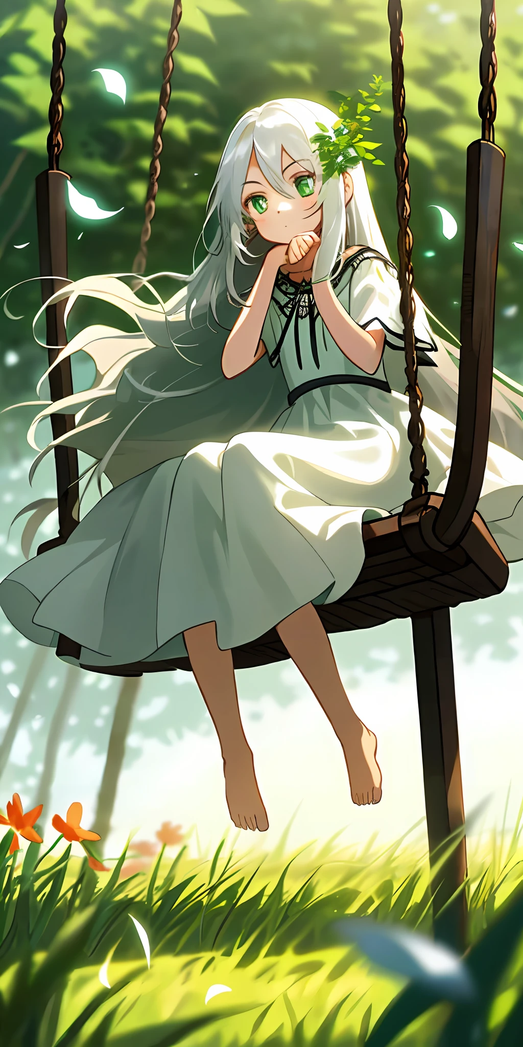 （tmasterpiece，best qualtiy），1 girl with long white hair sitting in a field of greenery and flowers，her hand under her chin，warmly lit，white dresses，Grass God，child，greene eyes，Barefoot，Swing，Blurred foreground