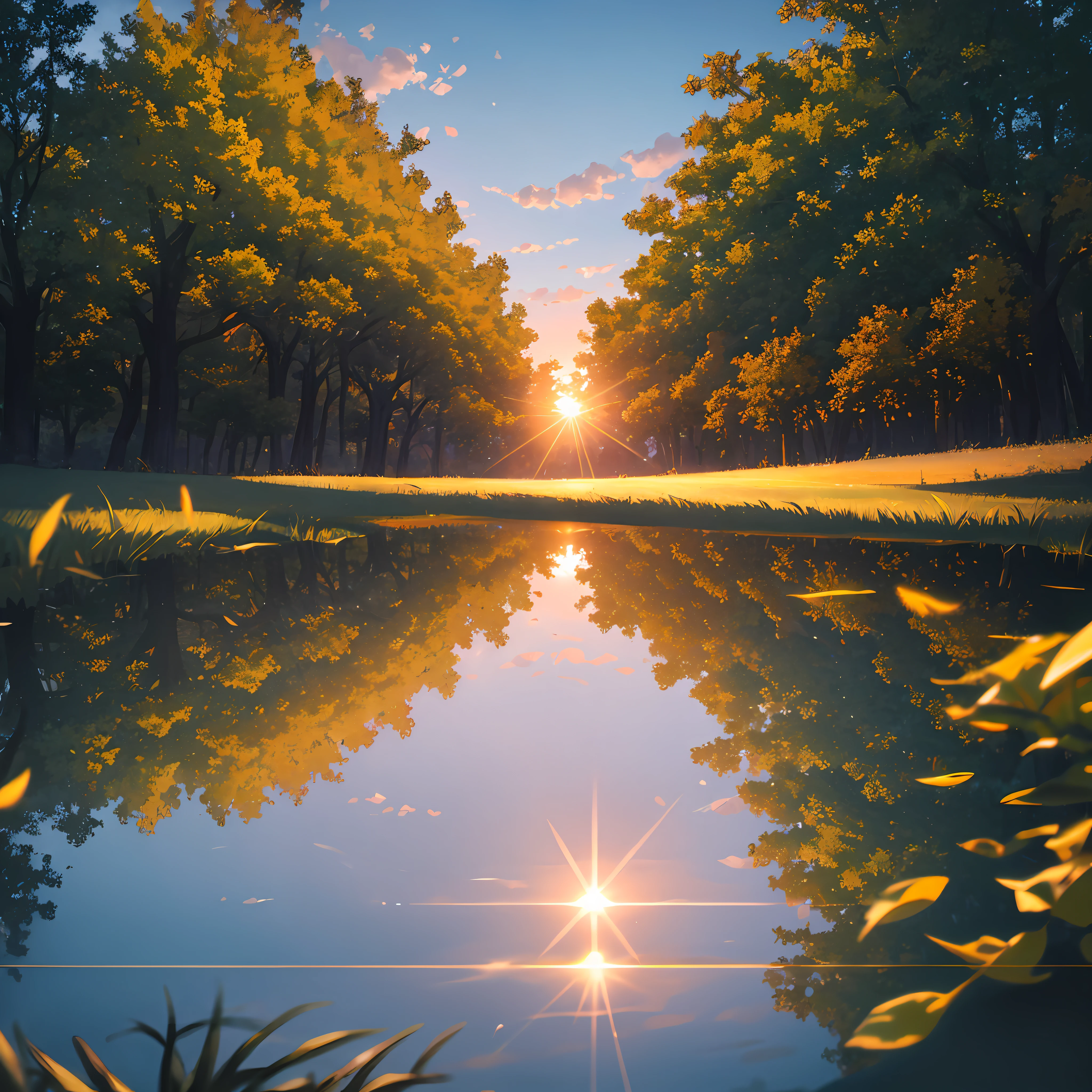 masterpiece, best quality, aesthetic, highres RAW photo, landscape photography, wide shot, from below, scenery, sunrise, blue sky, clouds, lake, reflection, sun, trees, floating leaves, ripples, foreground interest, depth of field, cinematic lighting, asymmetric composition, professional shadows, sharp focus, lens flare