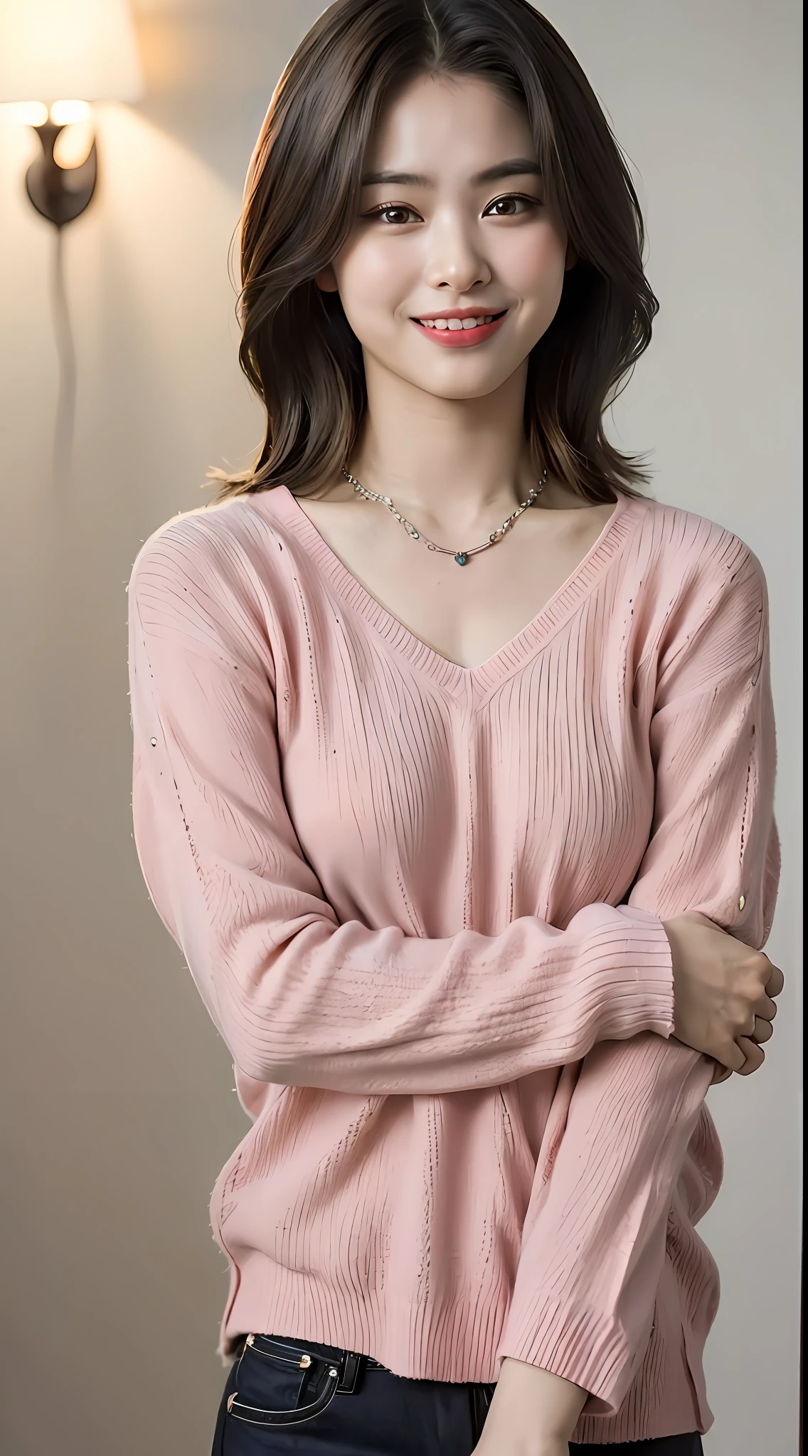 ((Night, Realistic Light, Best Quality, 8K, Masterpiece: 1.3)), 1girl, Slim Beauty: 1.4, Abs: 1.1, (Brown hair, Medium breasts: 1.3), Long pink sweater: 1.1, Bathroom, Super fine face, Delicate eyes, Double eyelids, smile, necklace