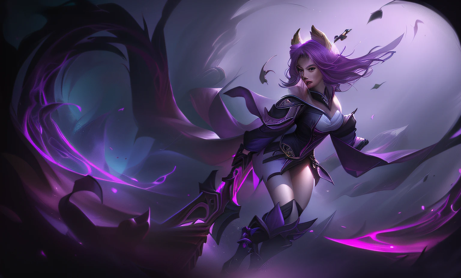Anime girl with pink hair and purple hair holding a sword, League of Legends concept art, Splash Art, ahri, Riot game concept art, league of legends style art, Official Splash Art, leblanc, league of legends art, league of legends splashart, league of legends art style, from league of legends, league of legends character art, fuchsia skin, kda