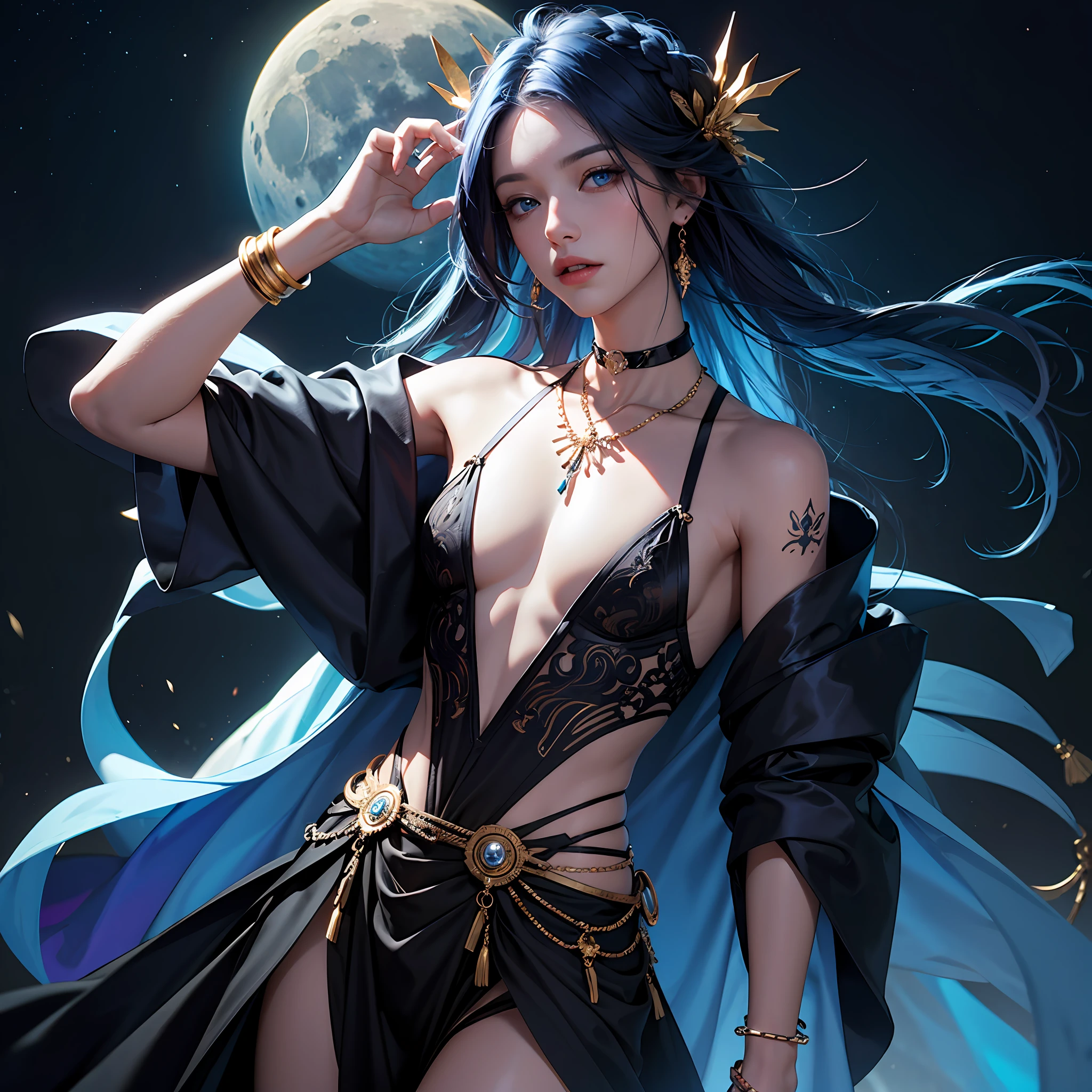 tmasterpiece， Best quality at best， 1boy， （Colorful）， （Beautiful eyes and delicate face）， cinmatic lighting， Bust Up Shot， the Extremely Detailed CG Unity 8K Wallpapers， dark-blue hair， 独奏， Gold jewelry， choker necklace， bangle， intricate tattoos， rays of moonlight， themoon， the night， （Dark theme：1.3）， optic， fanciful， Libido boy， （（Dark  skin））， （（braidedhair））， eBlue eyes，Exquisite facial features，Leakage，pornography