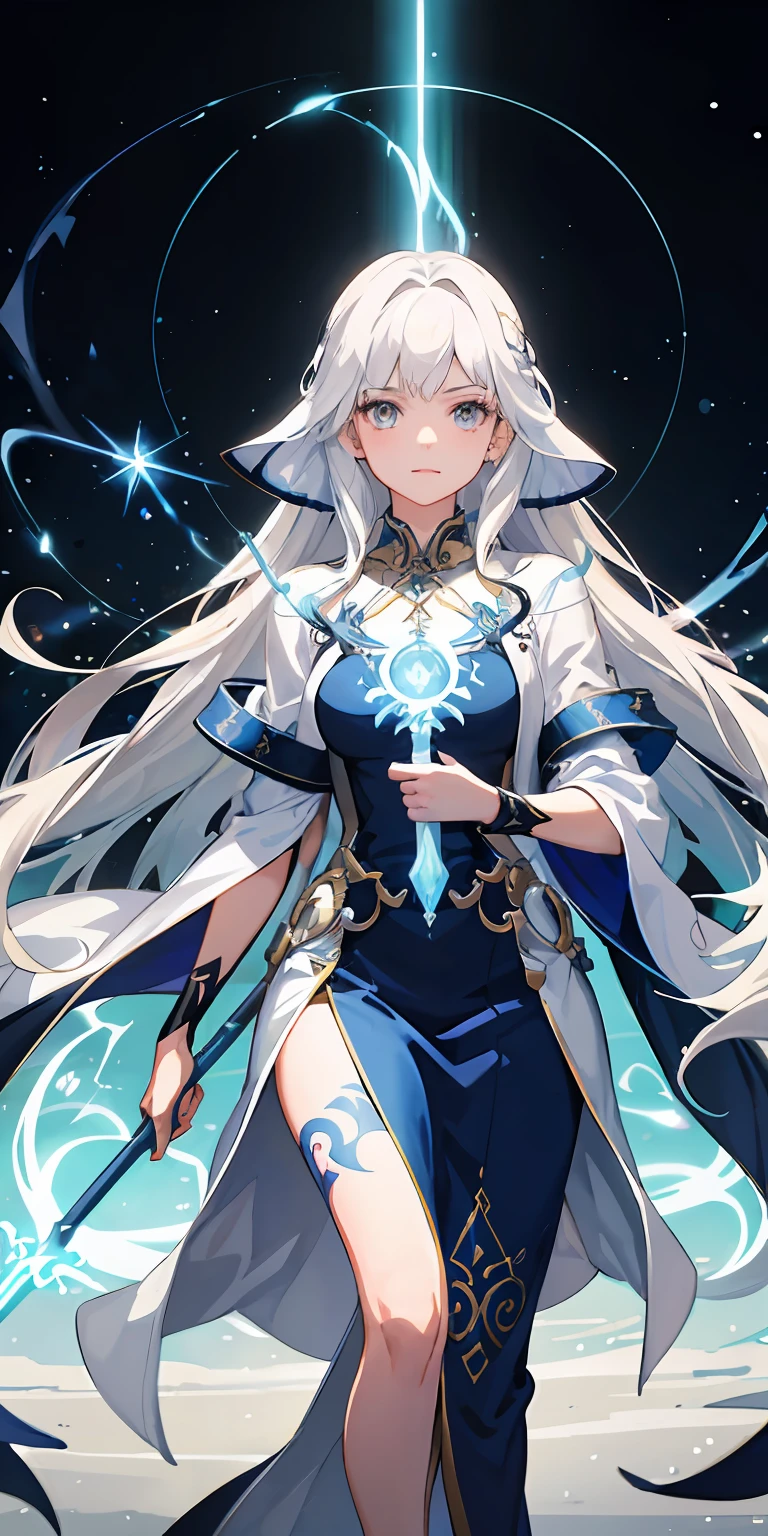 1girl, long white hair and mystical tattoos, wearing flowing blue robes, holding a glowing staff, anime, portal opening behind her to a cosmic plane, delicate lighting, by Ross Tran