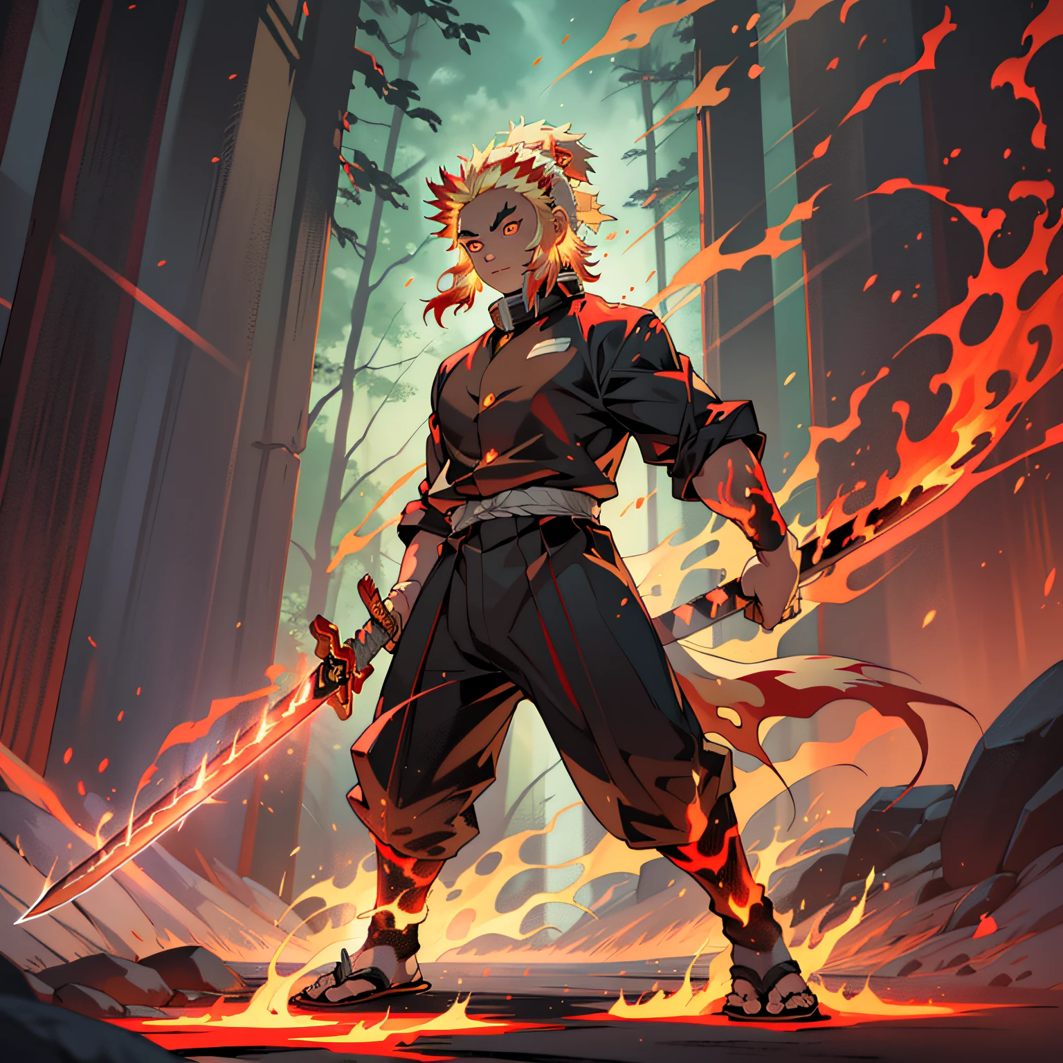 (extremely realistic, high definition character design), Rengoku Kyojuro standing in Sage Of Six Path Mode(Naruto), majestic and powerful,(red glowing eyes:1.2),(glowing sword:1.3), flames engulfing his body, dynamic pose, standing on a burning battlefield, intense light and shadow contrast, high saturation colors, vivid and impactful.