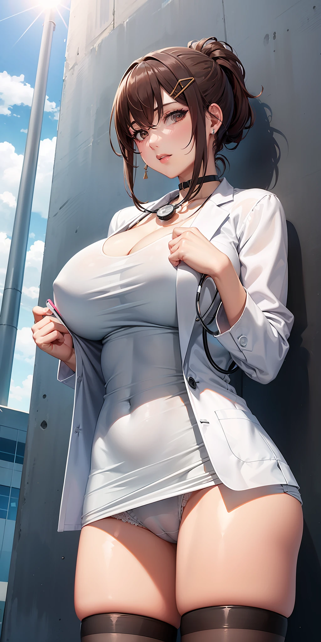 Aiko, brown eyes, folded ponytail, brown hair, doctor, labcoat, stethoscope, pencil short skirt, thighhighs,
jewelry, hands on chest,see-through, looking at viewer, hair ornament, choker, shy,
(masterpiece, top quality, best quality, official art, beautiful and aesthetic:1.2), (1 girl), extreme detailed, colorful, highest detailed,
(huge breasts:1.2, upper body, from below, cameltoe, ) white panties,
city,street, leaning, wall, sun, cloud,