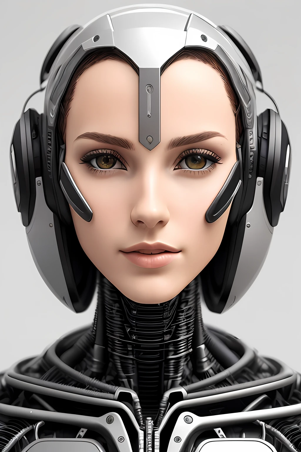 Cyborg ornaments |Female positive |Flesh-colored skin |Electronic systems: overhead humanoid robots |The details of the brain are right in front of you |Detailed connecting lines for the face |Biopunk |scybernetic |cyber punk perssonage |Canon M50|100mm|sharp fokus |ultra-realistic realism |The is very detailed|intricately details |Front view |head straight-looking at viewer |1 head per body,face to the viewer