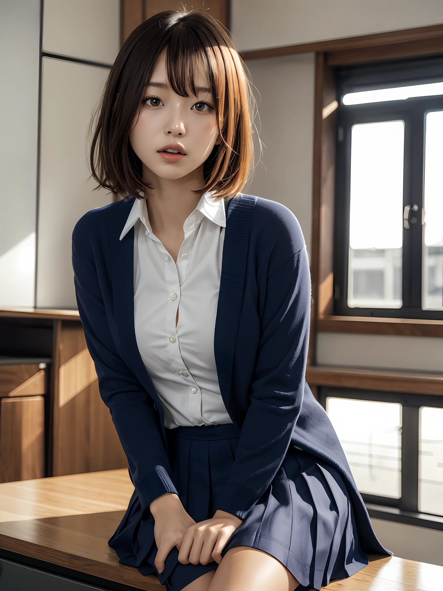 scornful,looking down,open mouth,8k,RAW portrait of (japanese girl:1.3),80mm,ultra high res,best quality,
BREAK
from below,crossed legs,(school uniform),sitting on desk,large breasts,teachers office,short hair,bob cut,
BREAK
(natural skin texture,detailed skin, hyperrealism,ultra sharpness),intricate details,high resolution, natural lighting,