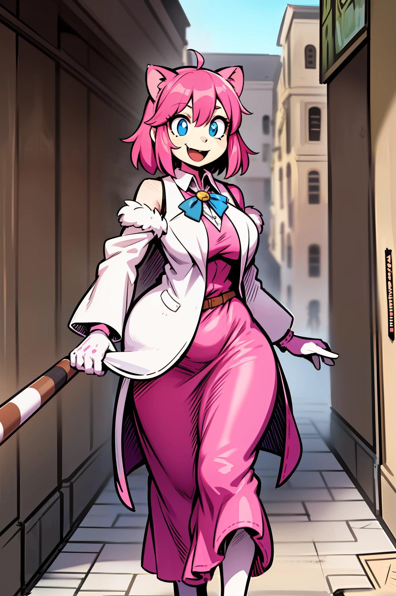 catgirl, furry, toon, cartoon, pink hair, walking,, lion tail, cat ears, animal nose, coat, vest, smile, long dress, long robe, long skirt, priestess, religiouse, medieval