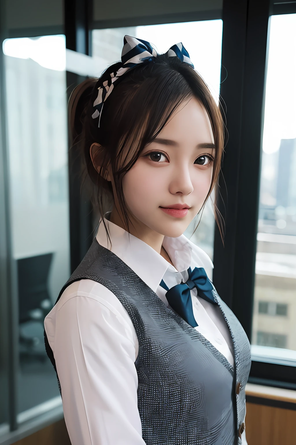 1girl, matured female, vest, bow, photo, realistic, best quality, hires, detailed face, office, buildings from window, detailed background, diffused sunlight, depth of field, bokeh