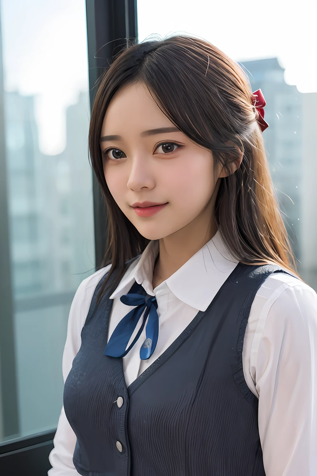 1girl, matured female, vest, bow, photo, realistic, best quality, hires, detailed face, office, buildings from window, detailed background, diffused sunlight, depth of field, bokeh