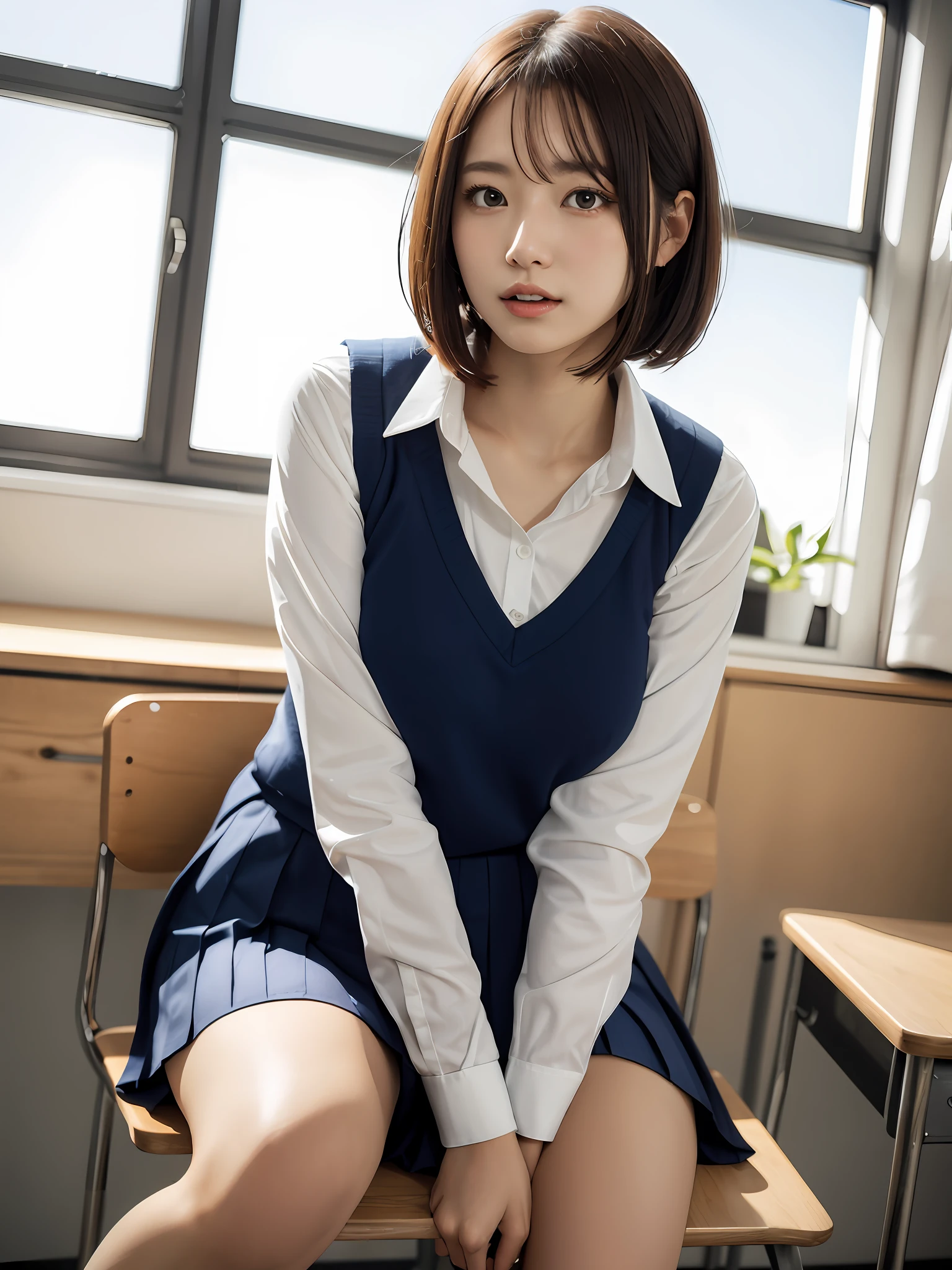 scornful,looking down,open mouth,8k,RAW portrait of (japanese girl:1.3),80mm,ultra high res,best quality,
BREAK
from below,crossed legs,(school uniform),sitting on desk,large breasts,teachers office,short hair,bob cut,
BREAK
(natural skin texture,detailed skin, hyperrealism,ultra sharpness),intricate details,high resolution, natural lighting、Korean Idol、Nogizaka Idol、hposing Gravure Idol、