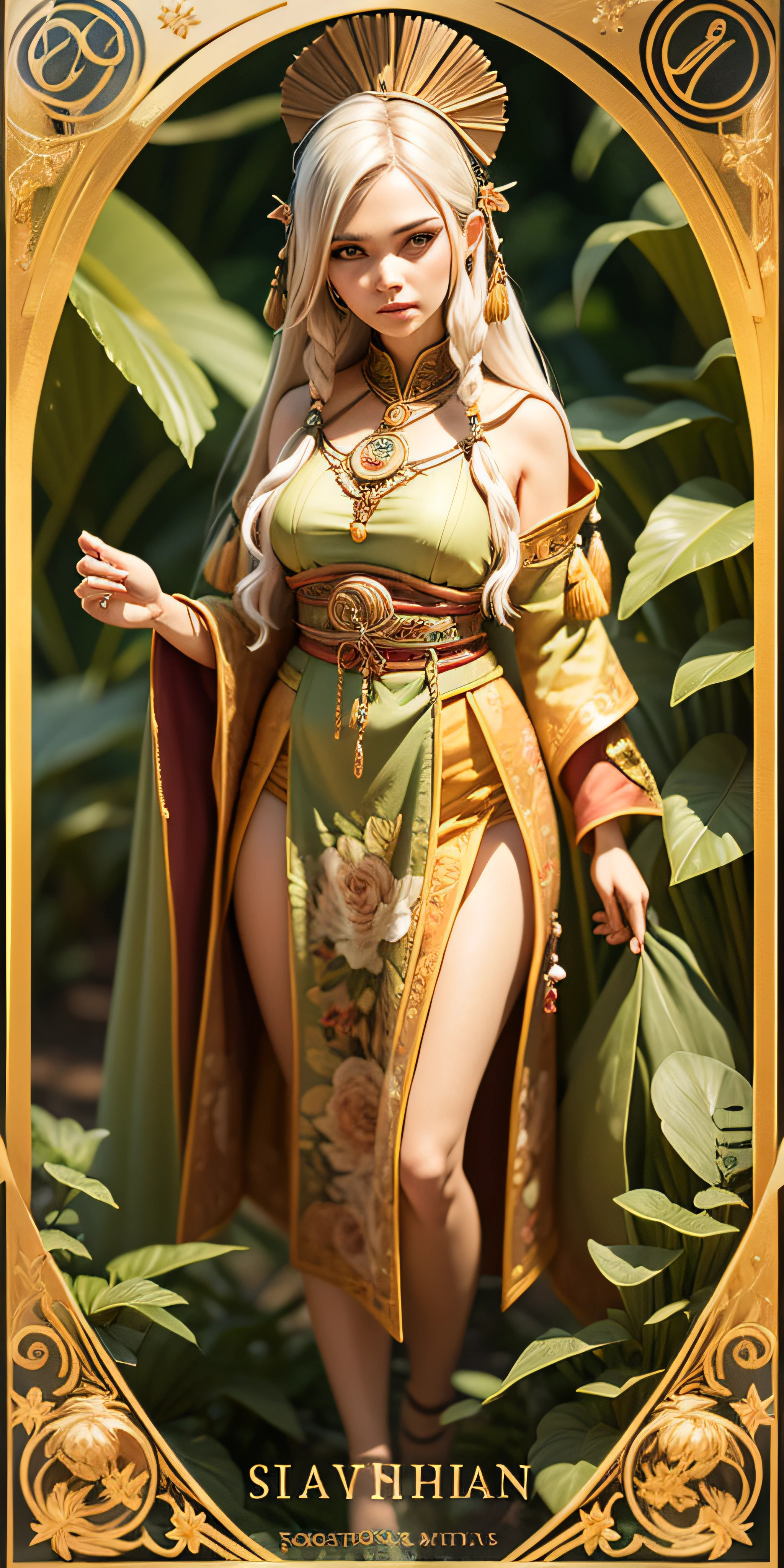woman Shaman man Tarot card, mystic, floral borders, jungles, photorealistic , detailed --auto