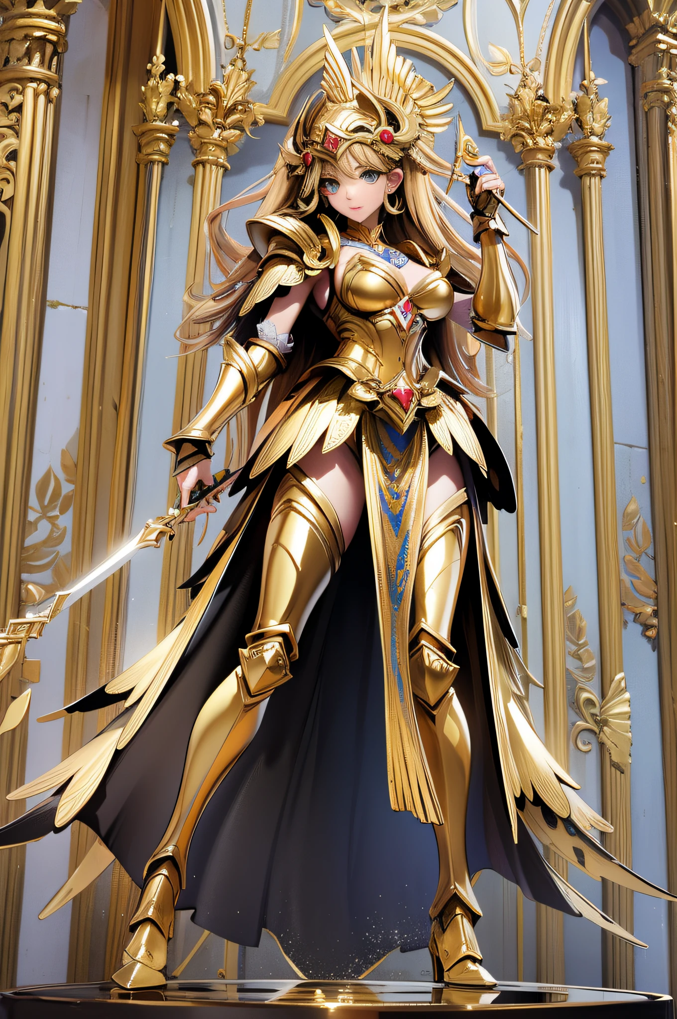 full body picture Unreal Engine 5 8K UHD a woman in golden armor holding a sword and standing in front of a column, golden goddess athena, blonde goddess, angelic golden armor, golden armor, light golden armor, golden goddess , goddess venus athena, stunning goddess giant shot, elegant gold armor , gold armor, roman goddess, extremely detailed goddess, gold armor, greek goddess athena, bright heaven environment, best quality, masterpiece