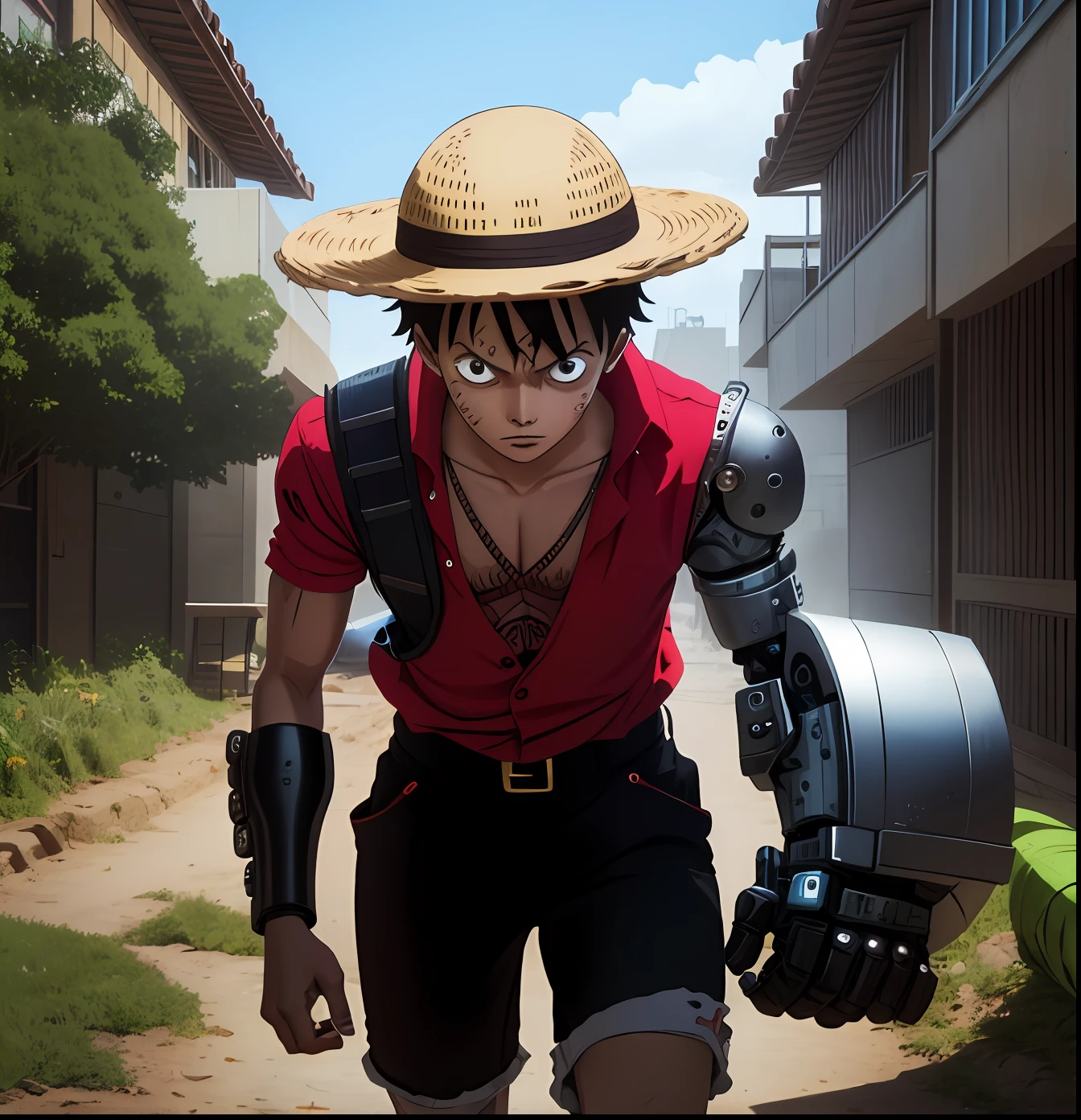 D. Luffy, straw hat, sozinho, corpo inteiro, (melhor qualidade), (Very detailed), profundidade de campo, esquete, sombras escuras, foco nítido, a dark illumination, HDR, good composition, Ambiente futurista e escuro, screencap anime, Cicatrizes abaixo dos Olhos, olhos negros, android, Cyberpunk, implantes tecnologicos, proteses tecnologicas, mechanical arm