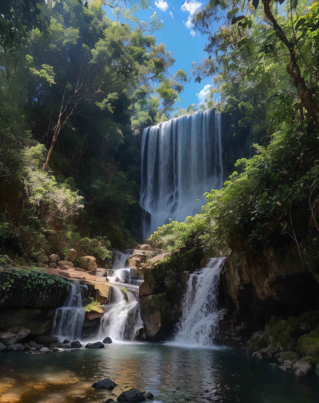 There is a waterfall in the middle of a forest with a person standing in the background, with trees and waterfalls, cachoeiras e lagos, Floresta e Cachoeira, com cachoeiras, com cachoeiras e rio, cachoeiras ao fundo, com uma cachoeira, Lagos e cachoeiras, uma cachoeira sem fim, cachoeira ao fundo, cachoeira no fundo, ao lado de uma cachoeira