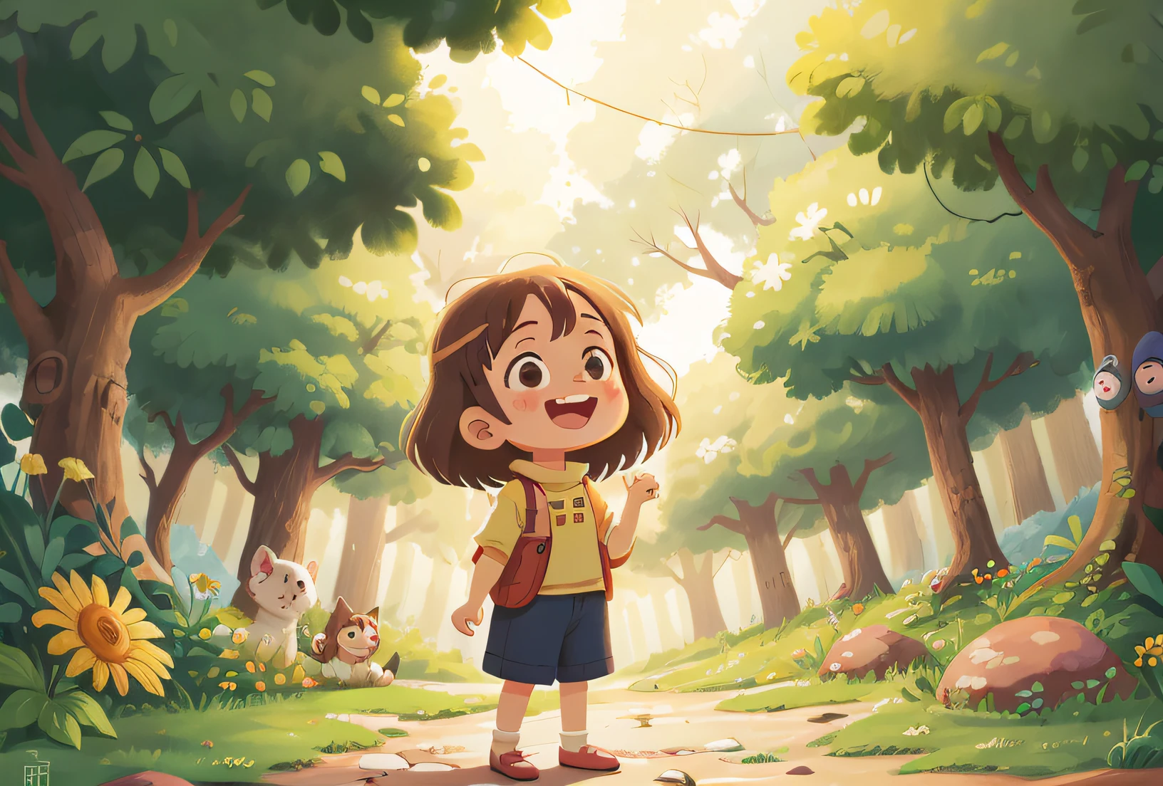 Happy girl. Bucolic style. Women's children's clothing. Cor Lisa. Arte simples. Ghibli Style Studio. em um jardim, segurando mapa do tesouro