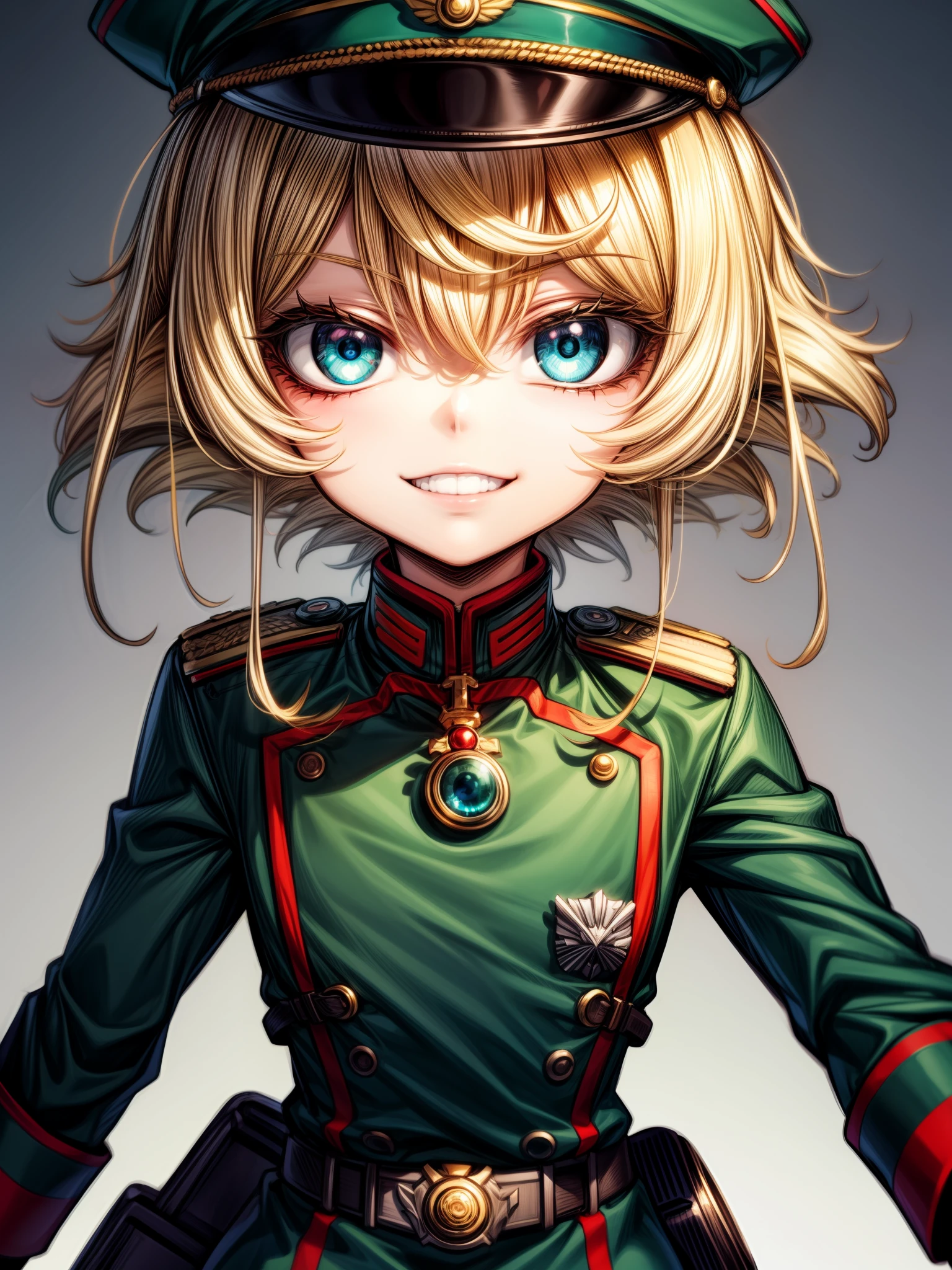 Tanya Degurechaff, Uniforme militar, sorriso psico, baixa estatura, Olhos assassinos, Olhos Psicopatas, Lanternas