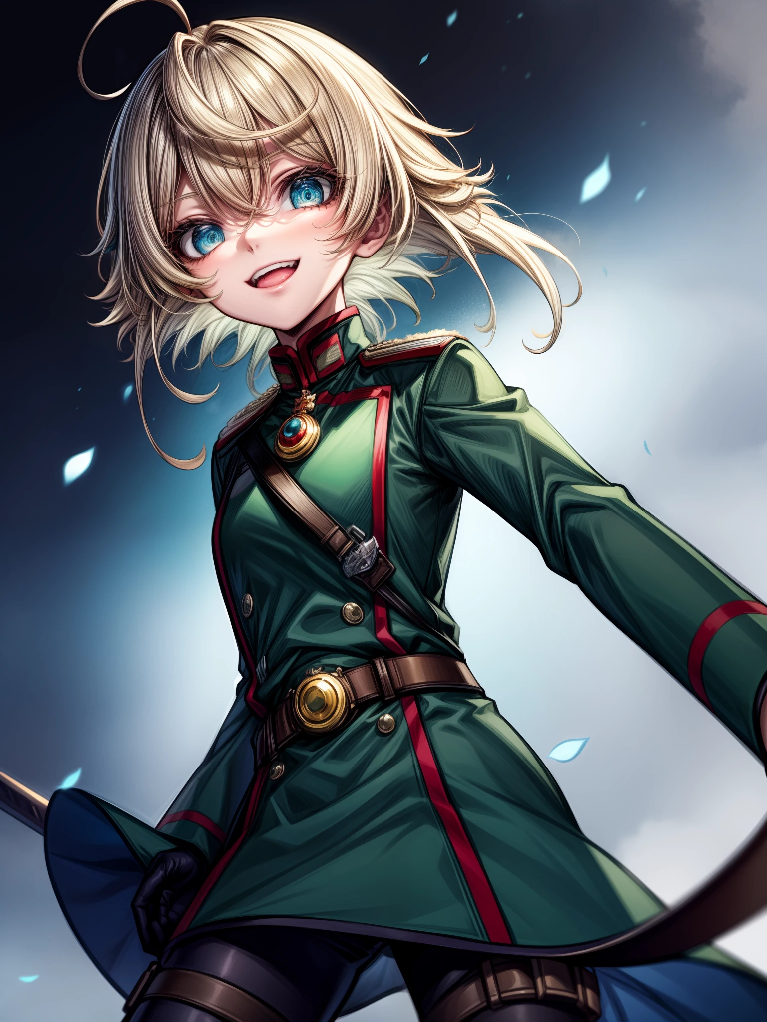 Tanya Degurechaff, Uniforme militar, sorriso psico, baixa estatura, Olhos assassinos, Olhos Psicopatas, Lanternas