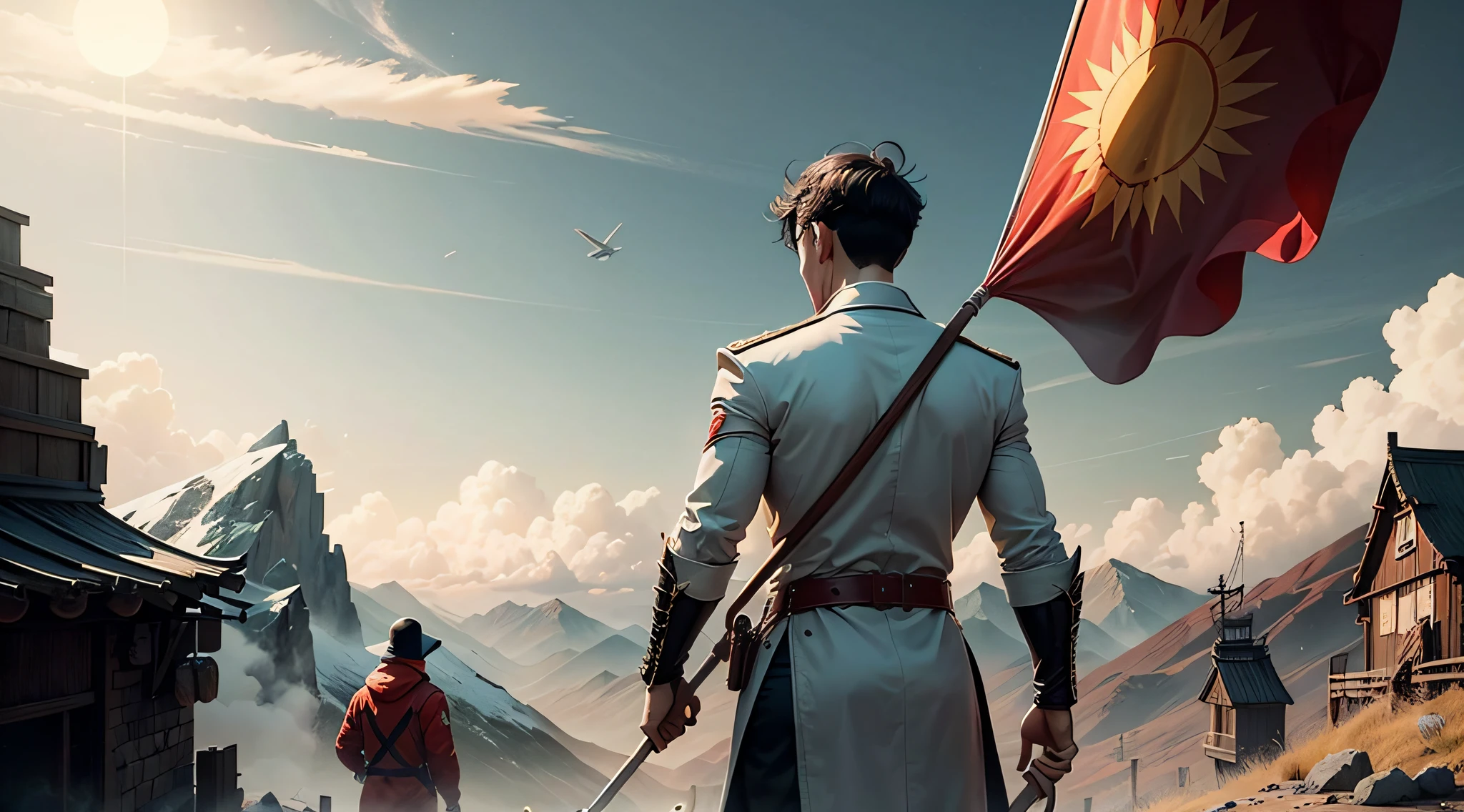 One holds a scythe in his left hand,The young man with a hammer in his right hand was raised above his head,Standing on top of a high mountain with your back to the people。,Scythes and hammers block the sun,HD8K,high detal,Wearing a gray Zhongshan suit,On the left is the flag of the Communist Party of China,On the right is the five-star red flag of the People's Republic of China,The people of Yamashita held high the banner of the Communist Party of China and flew --auto