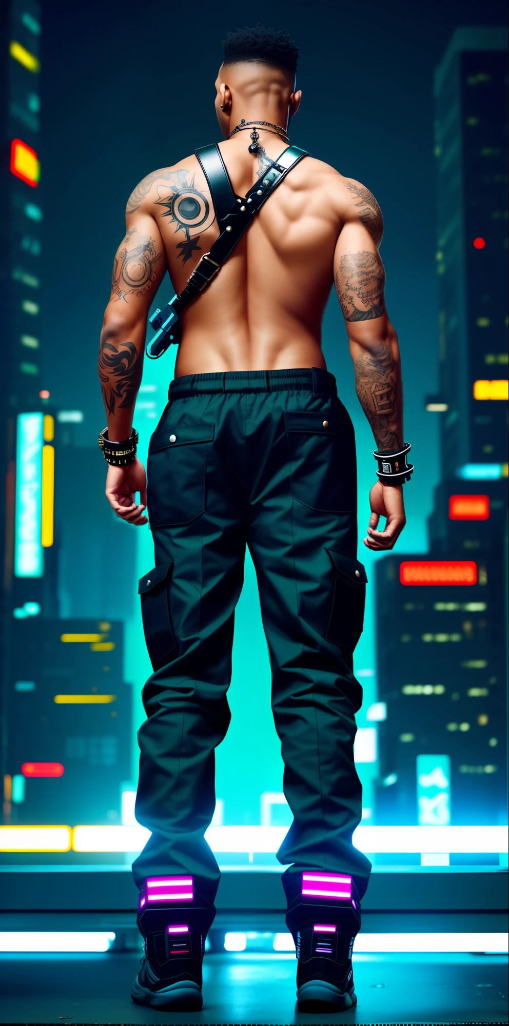 black man with full body back shot in cyberpunk outfit