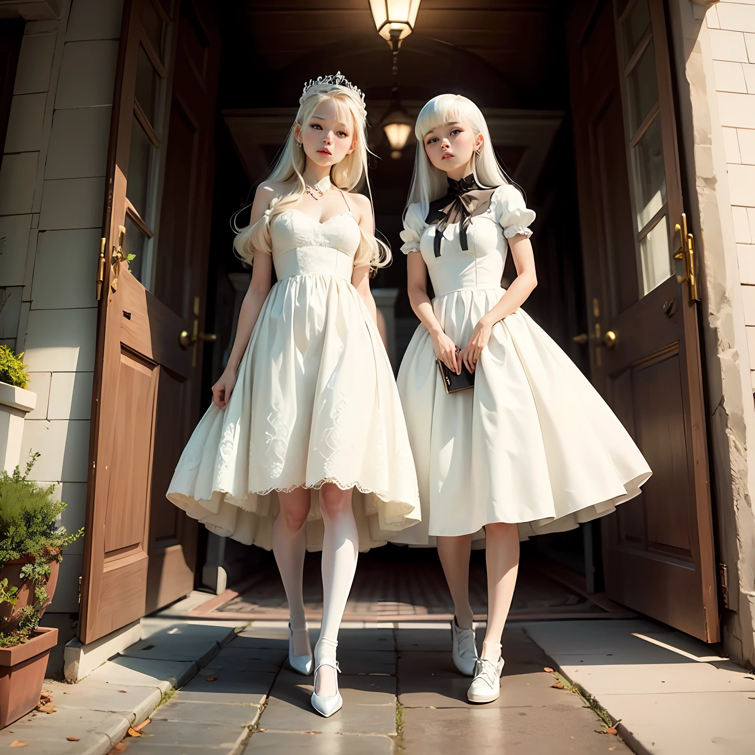 white color hair、dual horsetail、loli face、White princess dress、White-colored skin、white stockings、Small leather shoes --auto