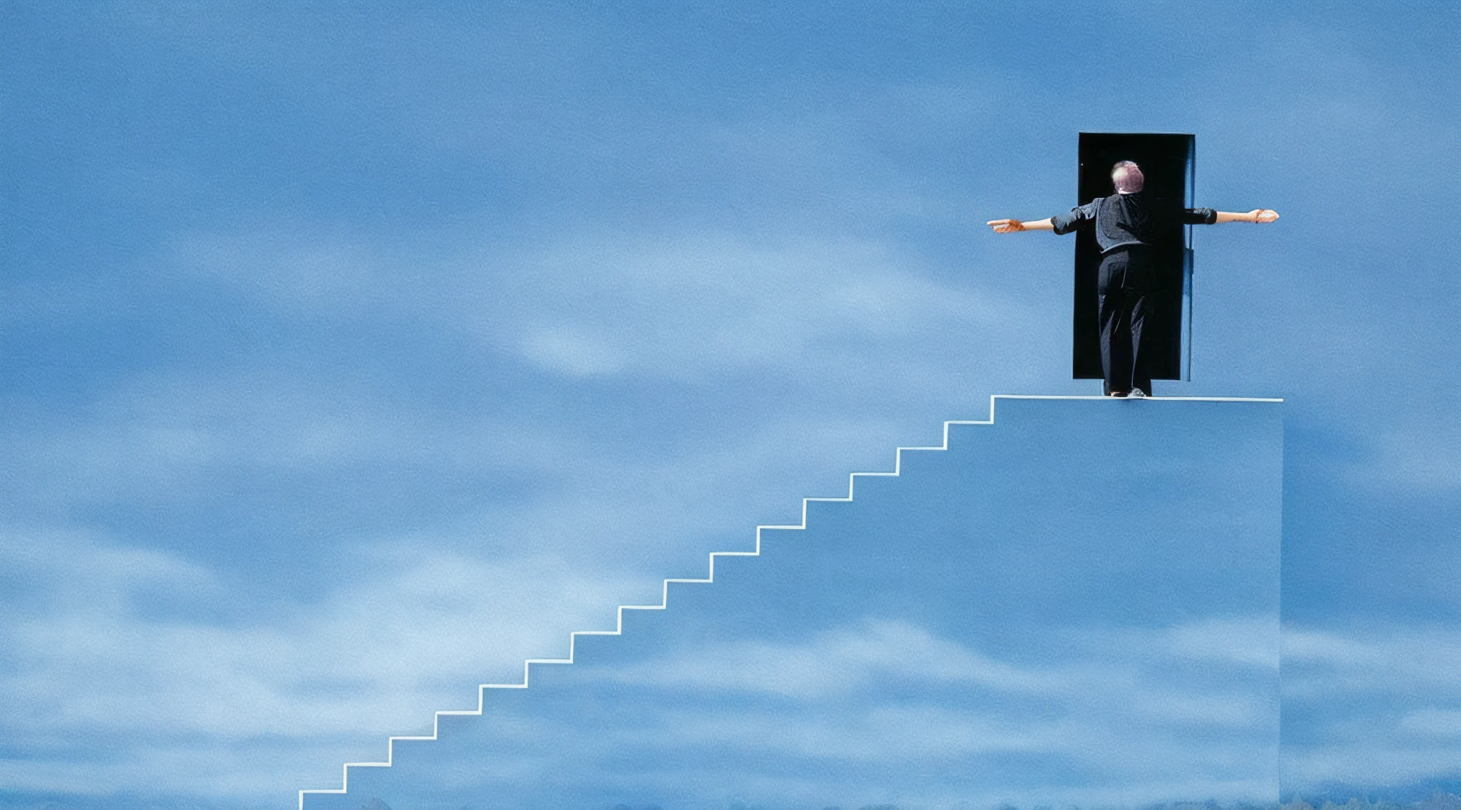 Hay un hombre parado en una caja de escalera con una puerta abierta, Escalera al cielo, Joe Webb, Rob Gonsalves y Tim White, Escaleras del infierno al cielo, hembra ascendiendo hacia el cielo, Jim Warren y Rob Gonsalves, escaleras imposibles, conduciendo al cielo, por Storm Thorgerson, por Morris Kestelman, Clemens Ascher --auto