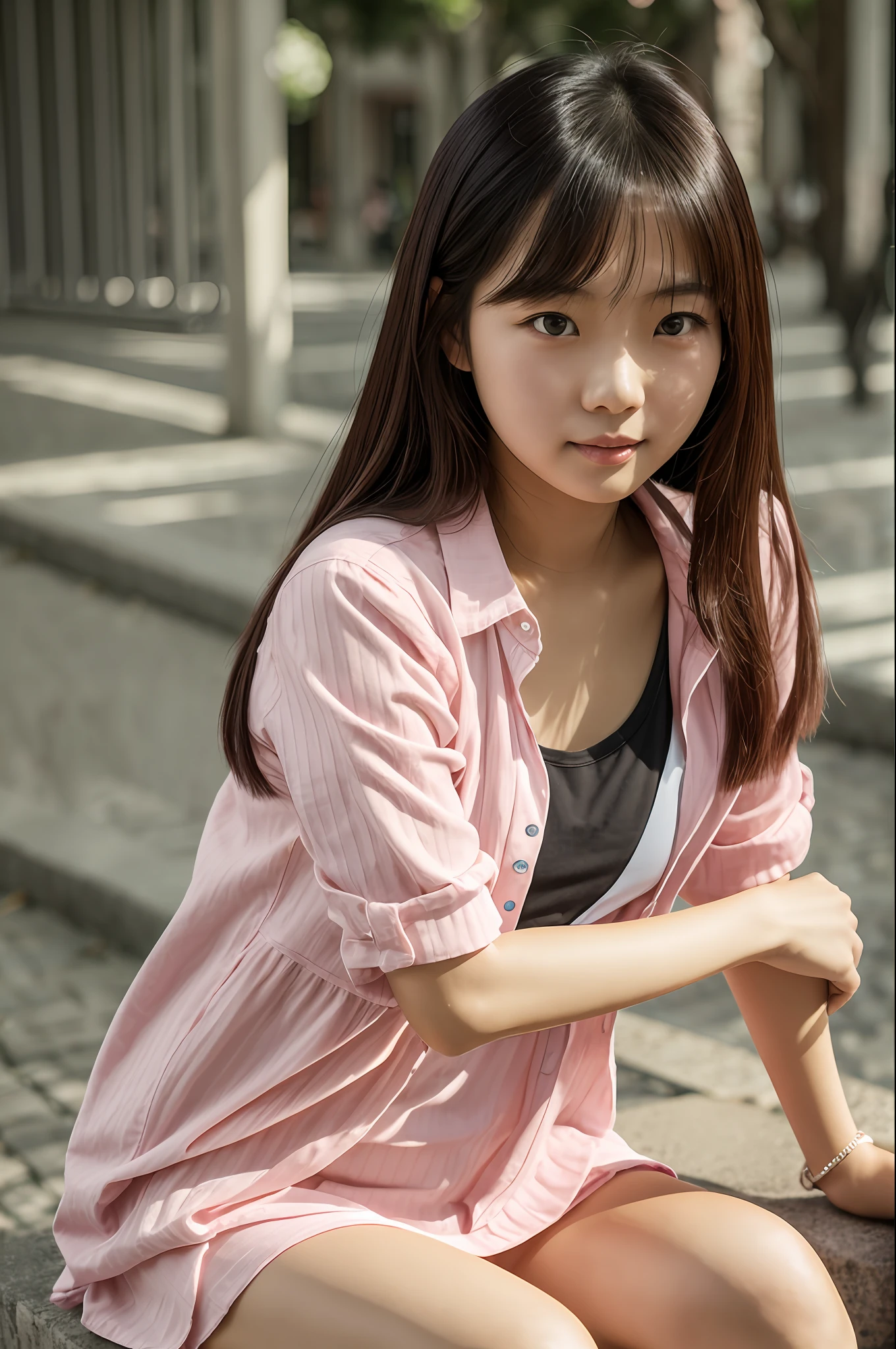 1 Beautiful young Asian girl , sitting in the square, blusa aberta sem camisa, calcinha rosa, Looking at camera, pose Asians --auto --s2