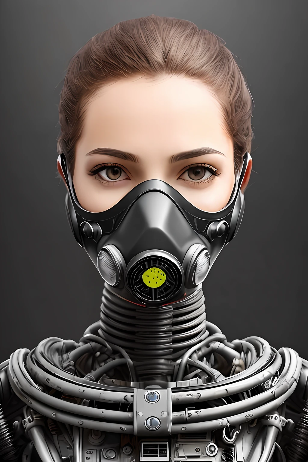 Semi-mechanical gas masks |Female positive |Flesh-colored skin |Electronic systems: overhead humanoid robots |The details of the gas mask are in sight |Detailed connecting lines for the face |Biopunk |scybernetic |cyber punk perssonage |Canon M50|100mm|sharp fokus |ultra-realistic realism |The is very detailed|intricately details |Front view |head straight-looking at viewer |1 head per body，face to the viewer，Facing the audience