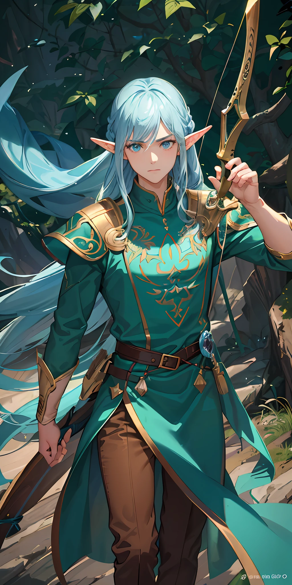 1guy, long black hair, low ponytail, elf ears, pale face, thin face, elongated face, green eyes, golden glow in eyes, furrowed eyebrows, black stripes under eyes, white shirt with lantern sleeves, brown plain vest, black buttoned cape, wide leather belt with large plaque, quiver with arrows behind back, holding bow, forest background, tall dark trees