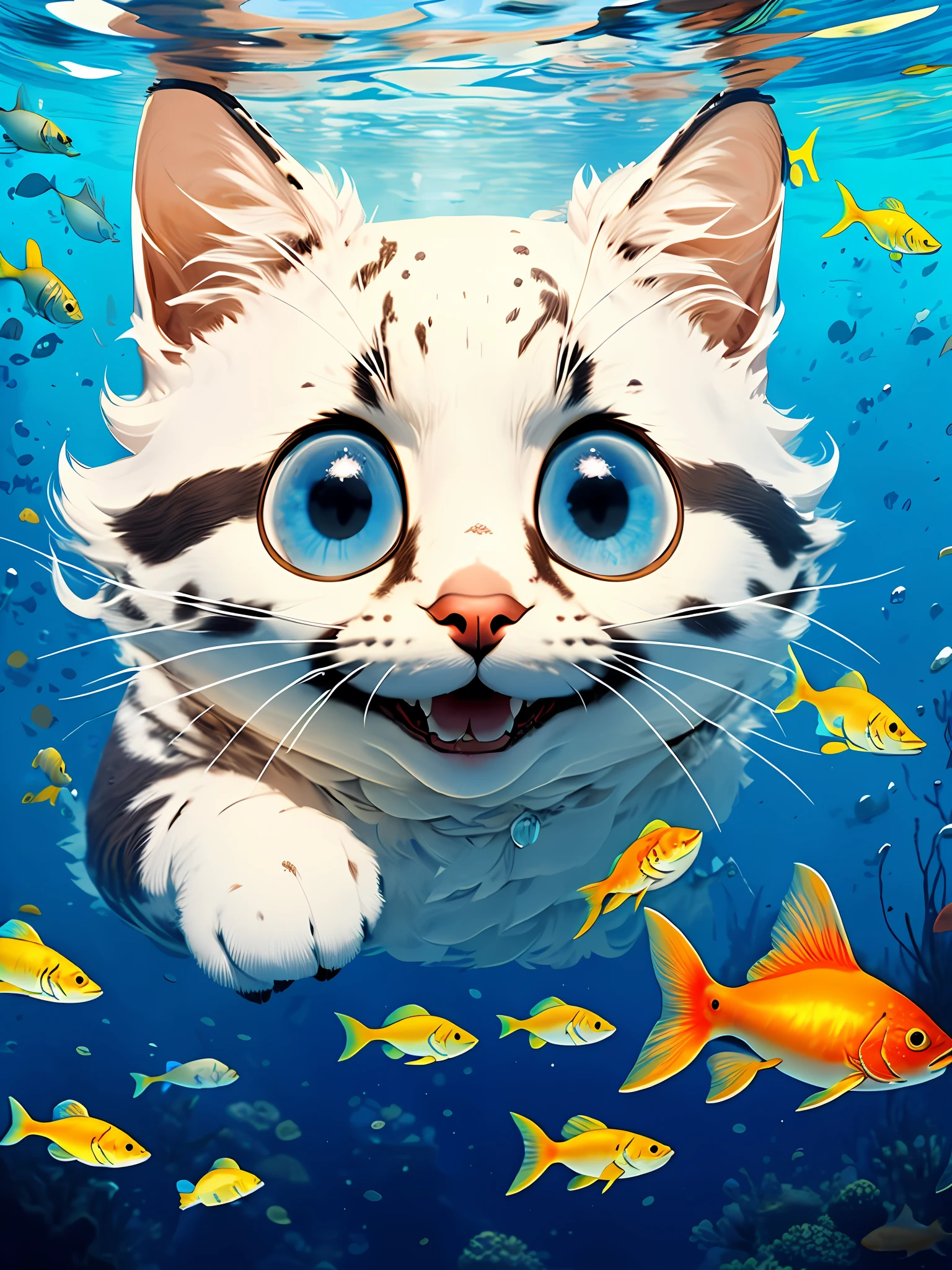 Gato viralata, MG mao, (orelhas cinza-pretas:1.3), rosto branco, rosto texturizado, visuais requintados, highes definition, obras-primas, peixes, bigodes, olhos azuis, sem humanos, foco animal, boca aberta, olhando para o espectador, gato preto, sorrindo, deep underwater, bolha, solo, swimming, clown minnows, submerso,