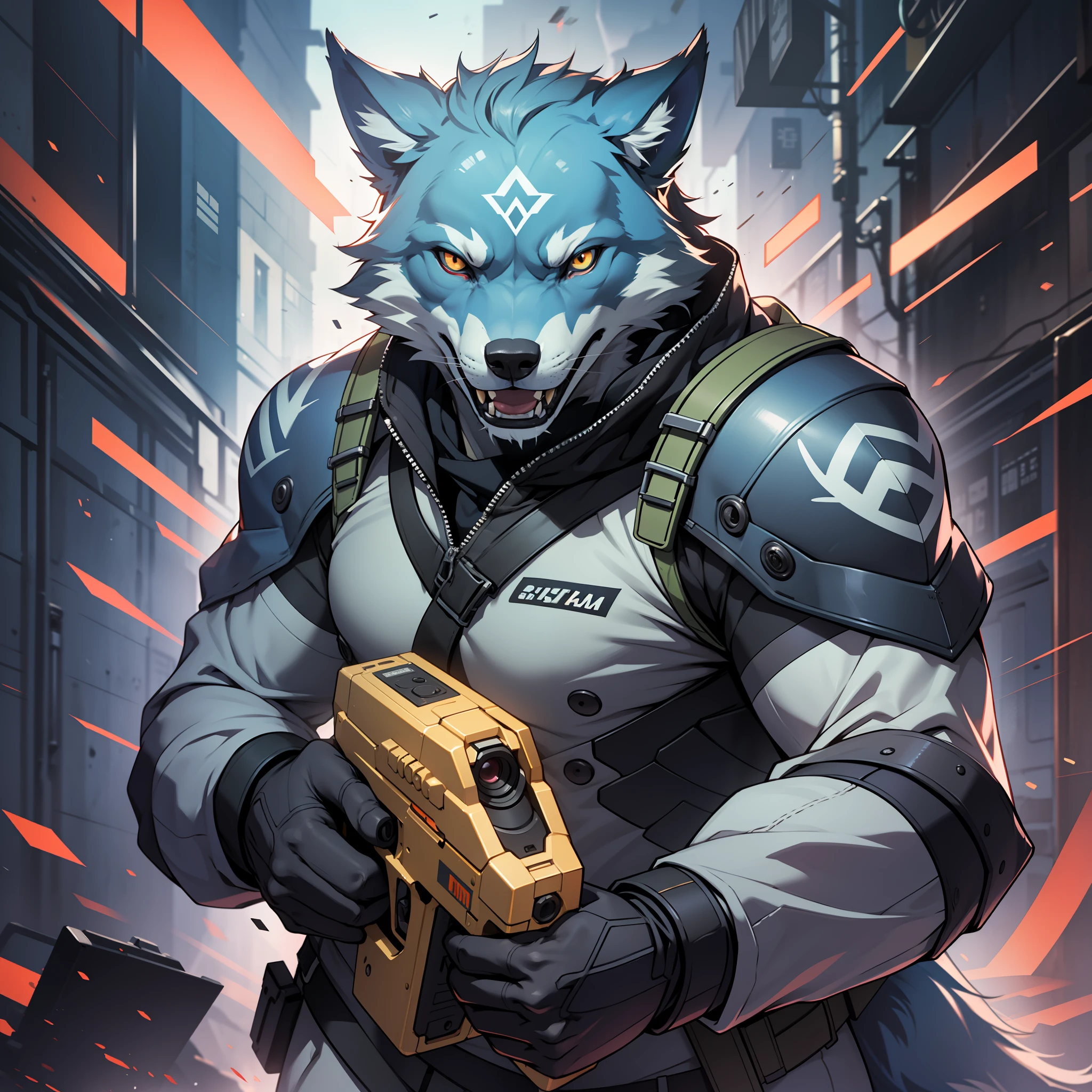 ((best qualtiy)), ((tmasterpiece)), (the detail:1.4), Light blue handsome wolf orc wolf anthropomorphic image ,Charge on the battlefield,Wear camouflage clothing,Holding a gun,Bullets rained down,hdr(HighDynamicRange),Ray traching,NVIDIA RTX,Hyper-Resolution,Unreal 5,Subsurface scattering、PBR Texture、post-proces、Anisotropy Filtering、depth of fields、maximum definition and sharpness、Many-Layer Textures、Albedo e mapas Speculares、Surface coloring、Accurate simulation of light-material interactions、perfectly proportions、rendering by octane、Two-colored light、largeaperture、Low ISO、White balance、the rule of thirds、8K raw data、 --auto